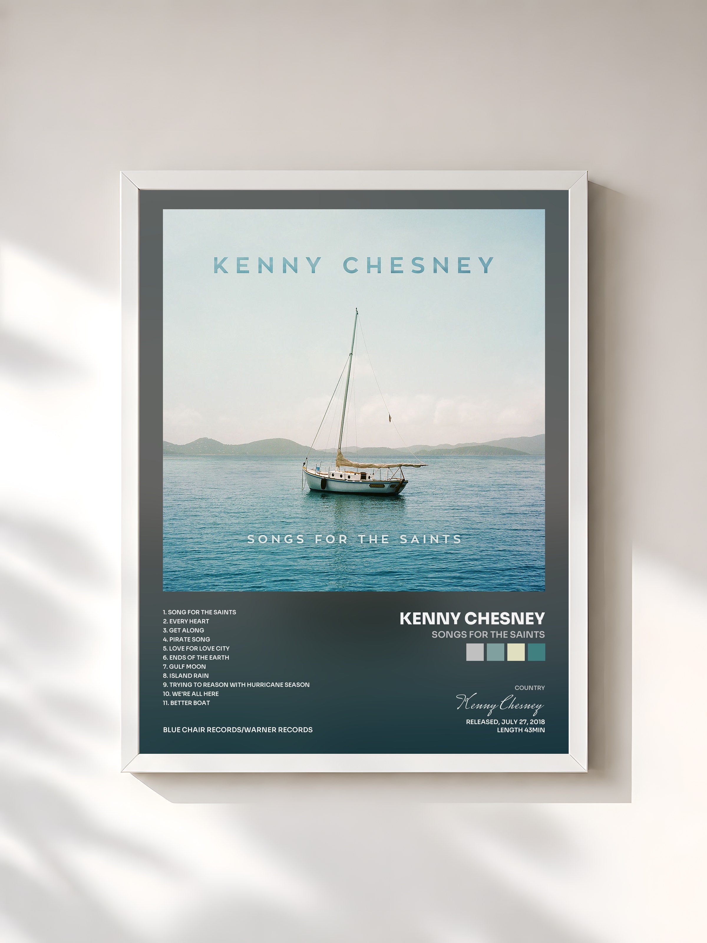 #blanc Tableau de l'album Songs for the Saints de Kenny Chesney, cadre blanc, imprimé et encadré en France