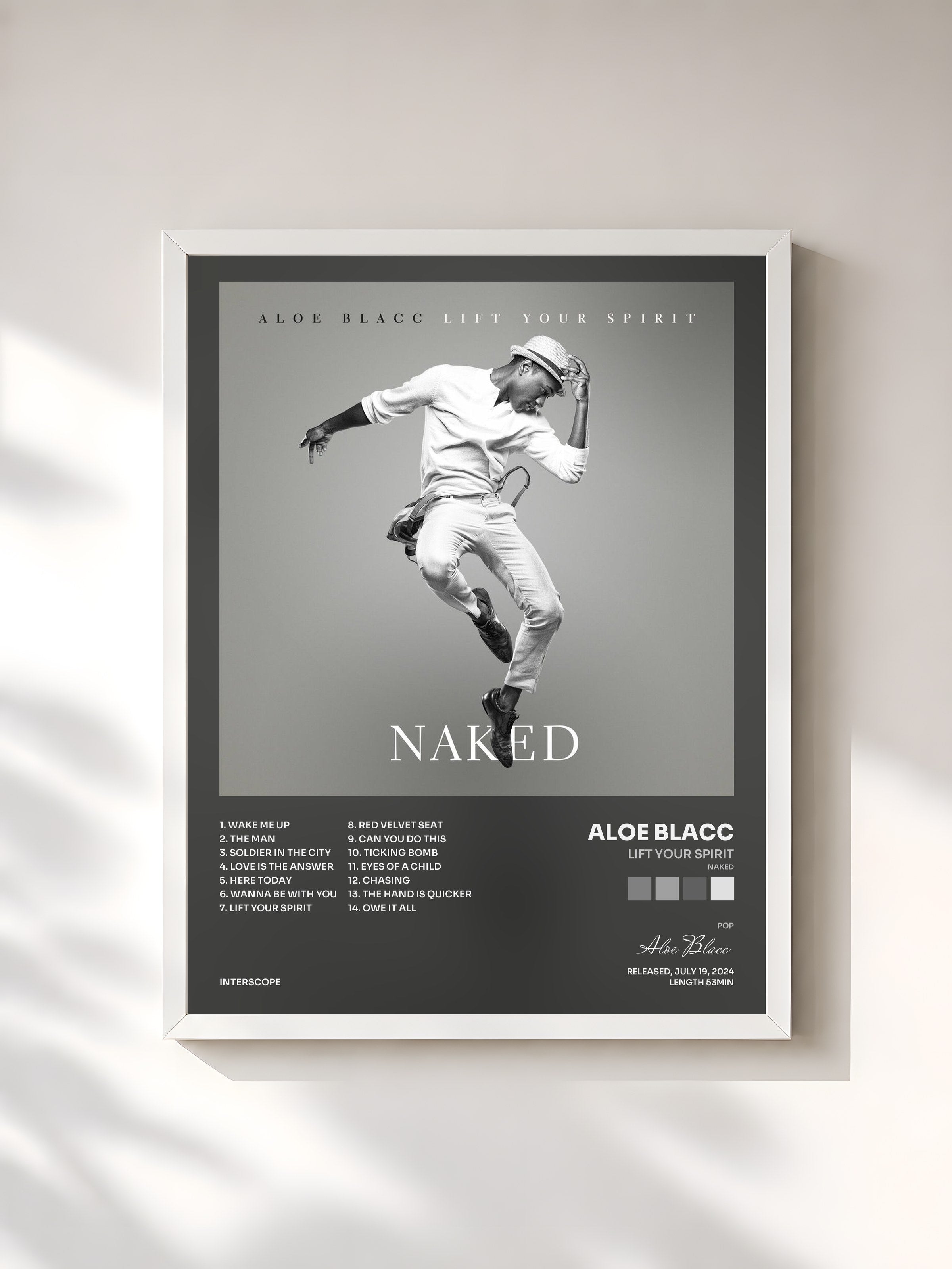 #blanc Tableau de l'album Lift Your Spirit (Naked) de Aloe Blacc, cadre blanc, imprimé et encadré en France