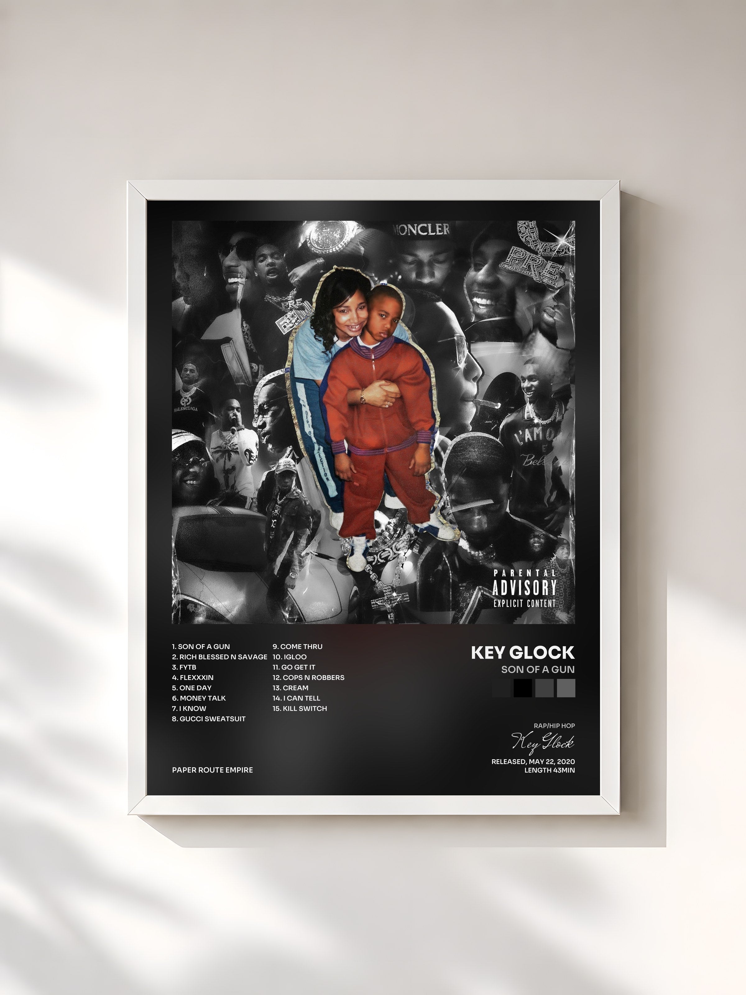 #blanc Tableau de l'album Son Of A Gun de Key Glock, cadre blanc, imprimé et encadré en France