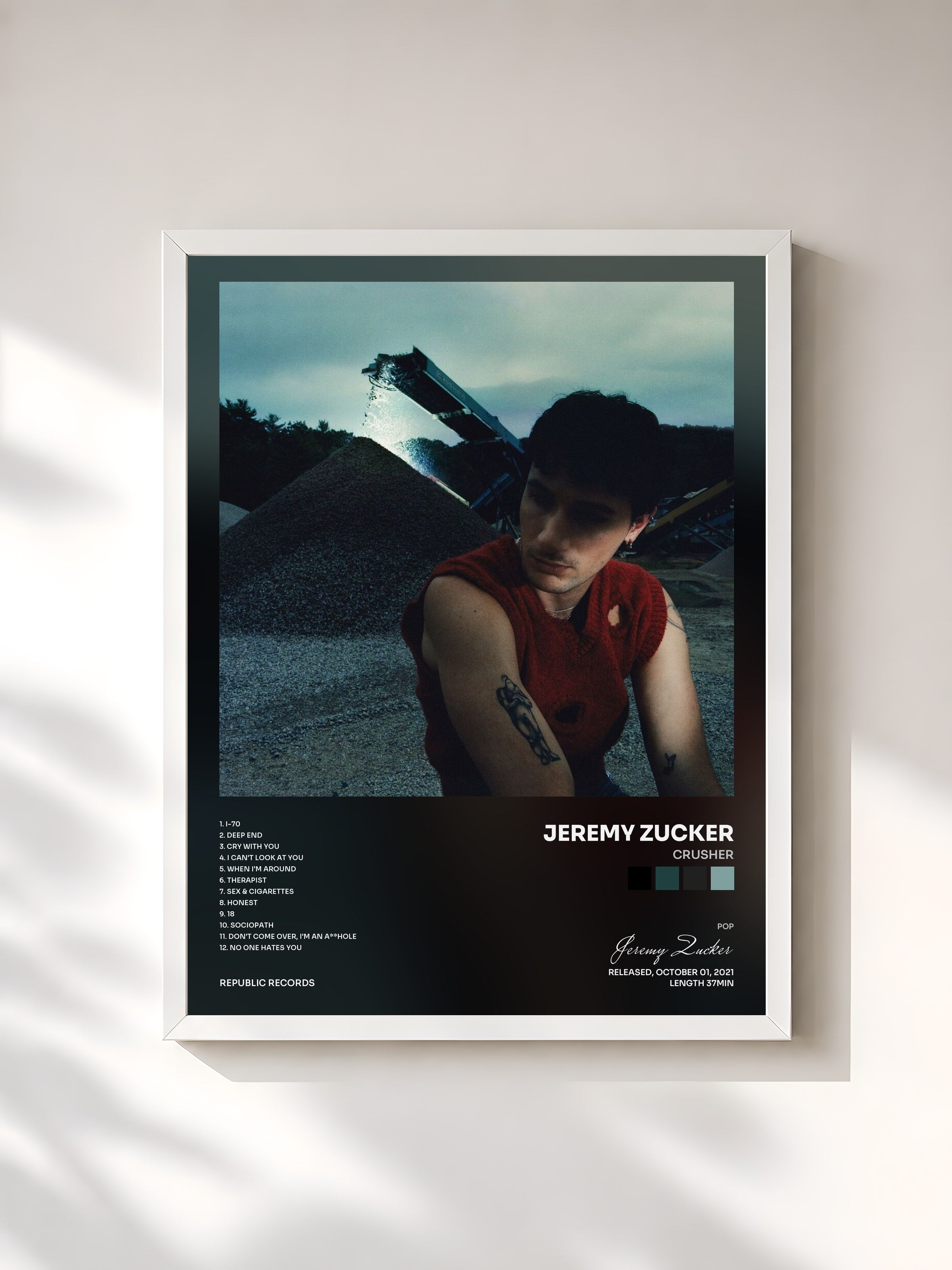 #blanc Tableau de l'album CRUSHER de Jeremy Zucker, cadre blanc, imprimé et encadré en France