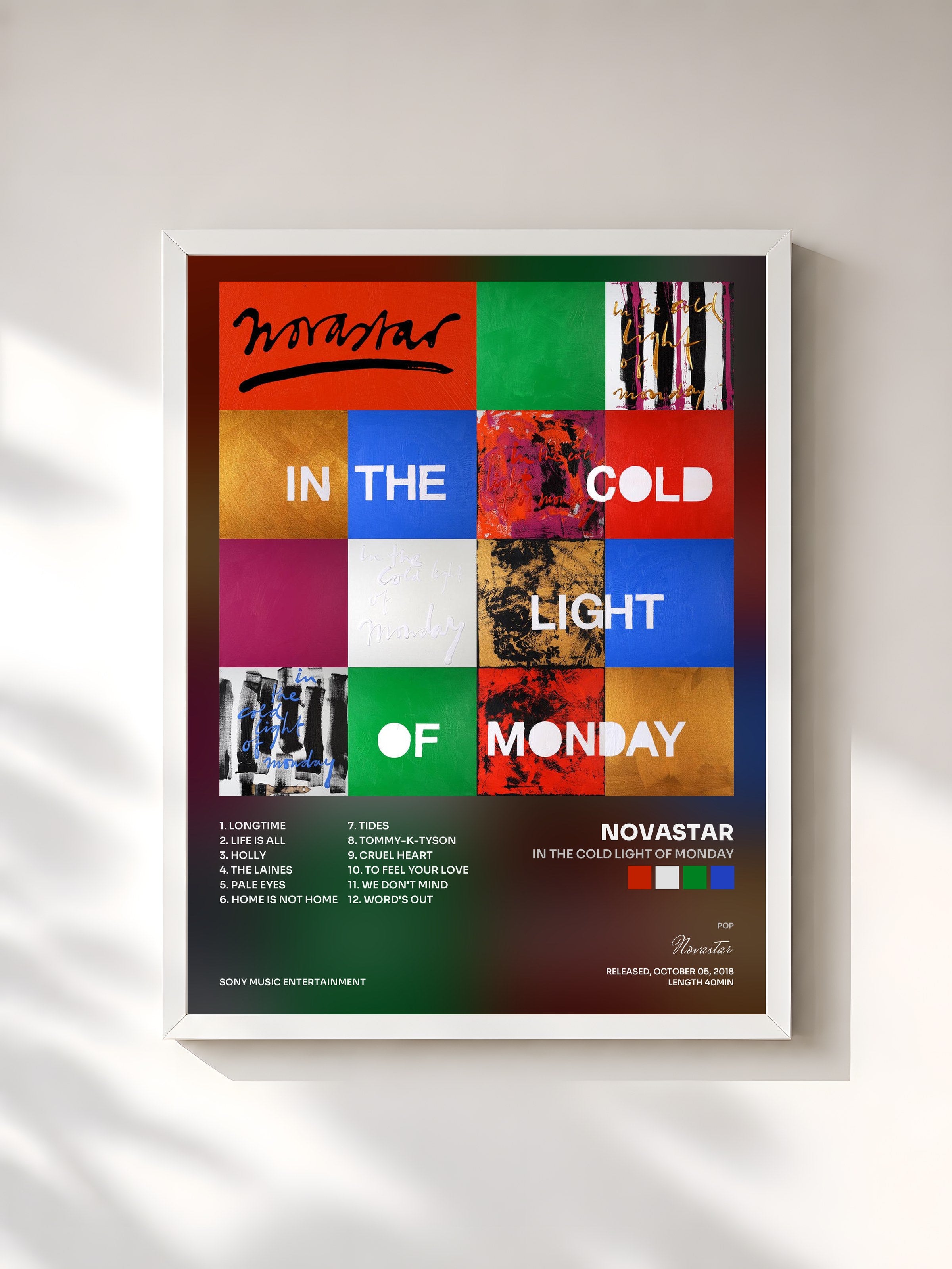 #blanc Tableau de l'album In The Cold Light of Monday de Novastar, cadre blanc, imprimé et encadré en France