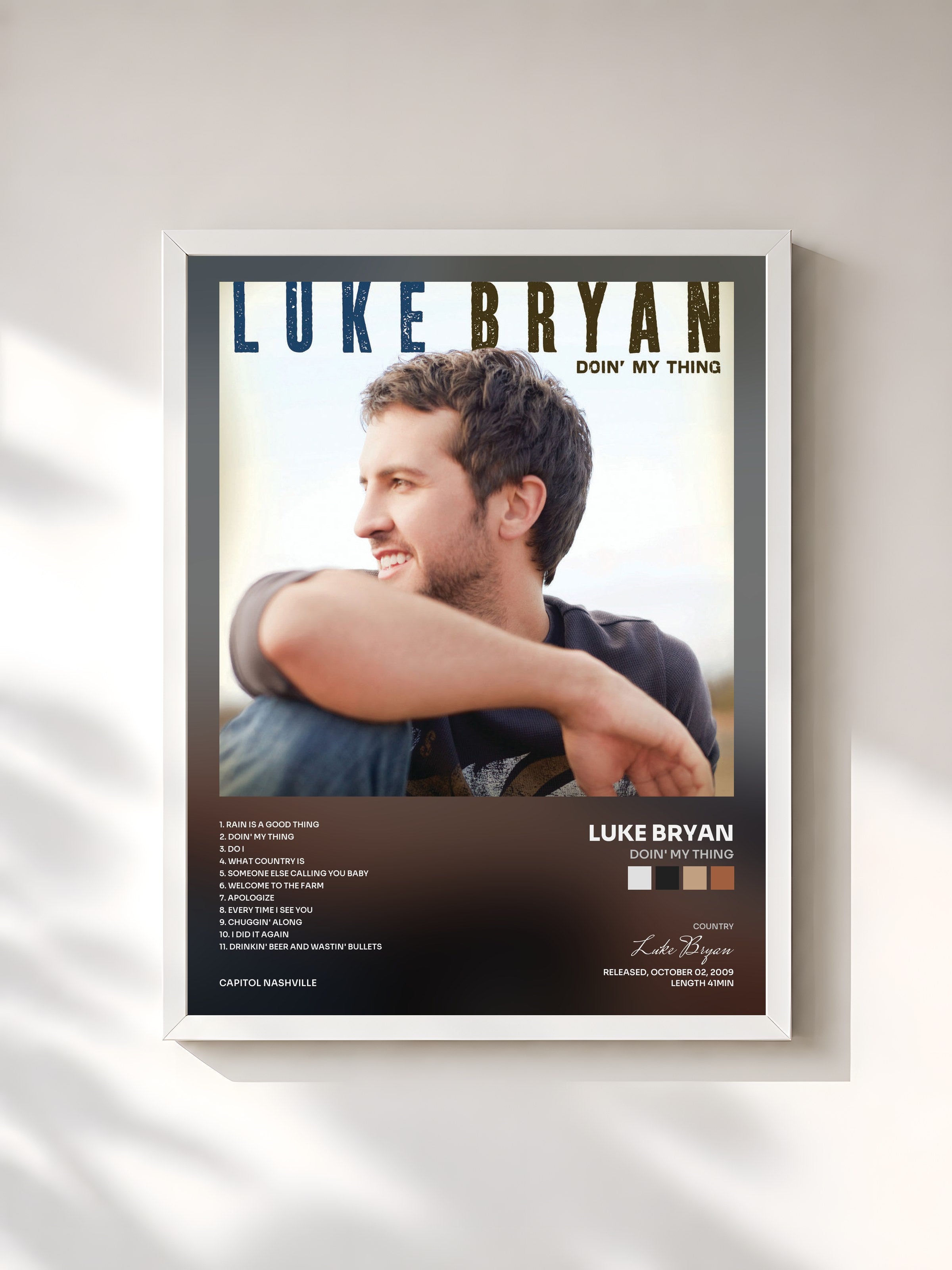 #blanc Tableau de l'album Doin' My Thing de Luke Bryan, cadre blanc, imprimé et encadré en France