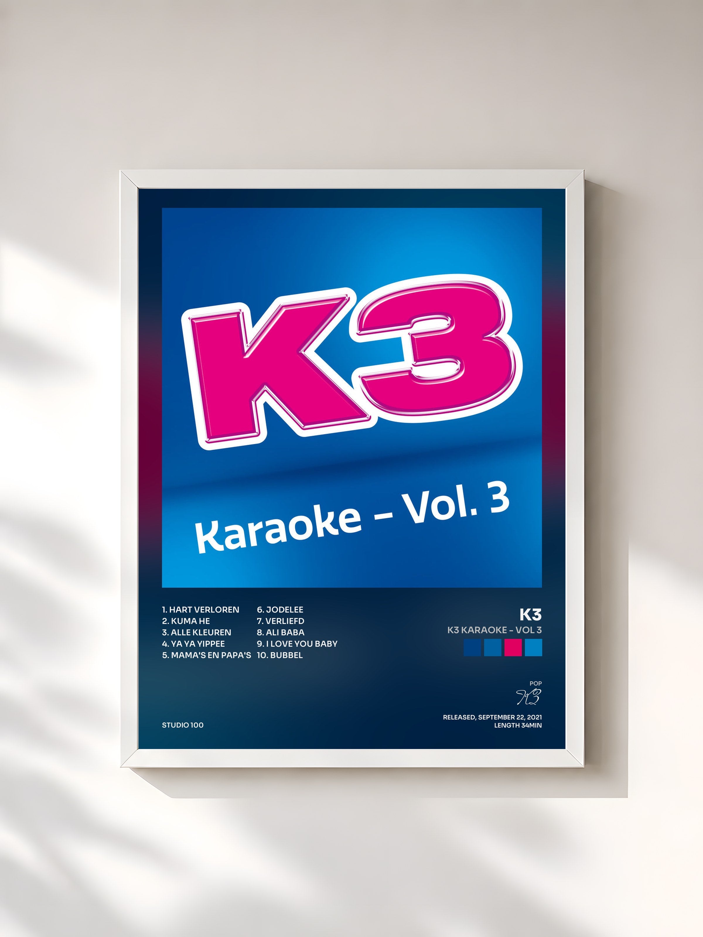 #blanc Tableau de l'album K3 karaoke - Vol 3 de K3, cadre blanc, imprimé et encadré en France
