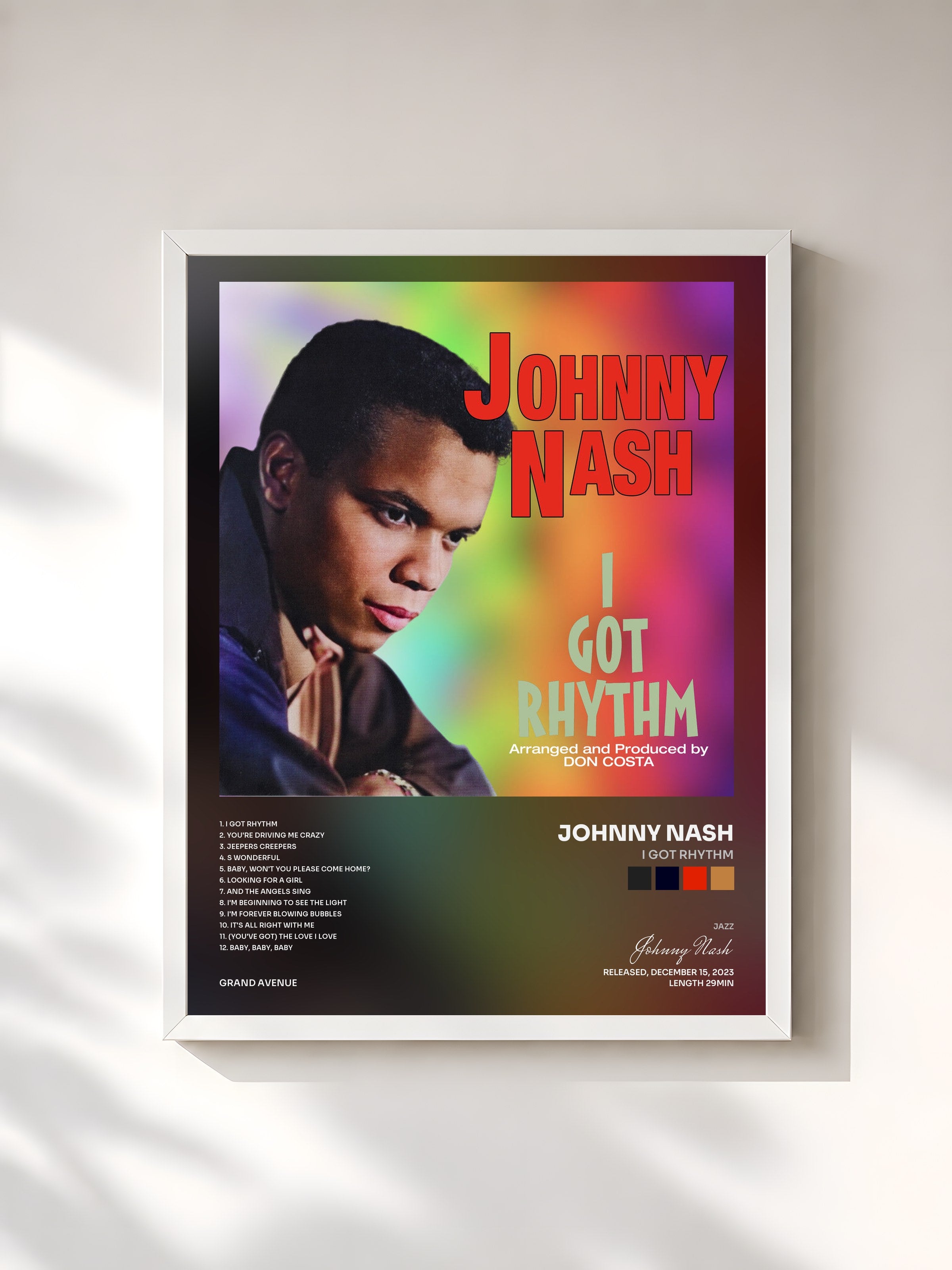 #blanc Tableau de l'album I Got Rhythm de Johnny Nash, cadre blanc, imprimé et encadré en France