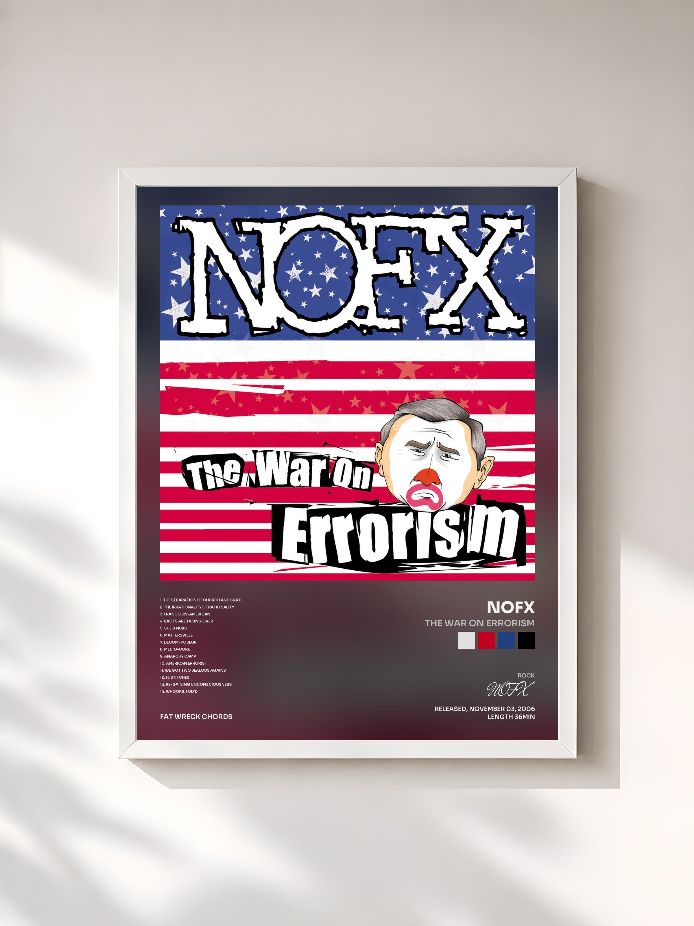 #blanc Tableau de l'album The War on Errorism de NOFX, cadre blanc, imprimé et encadré en France