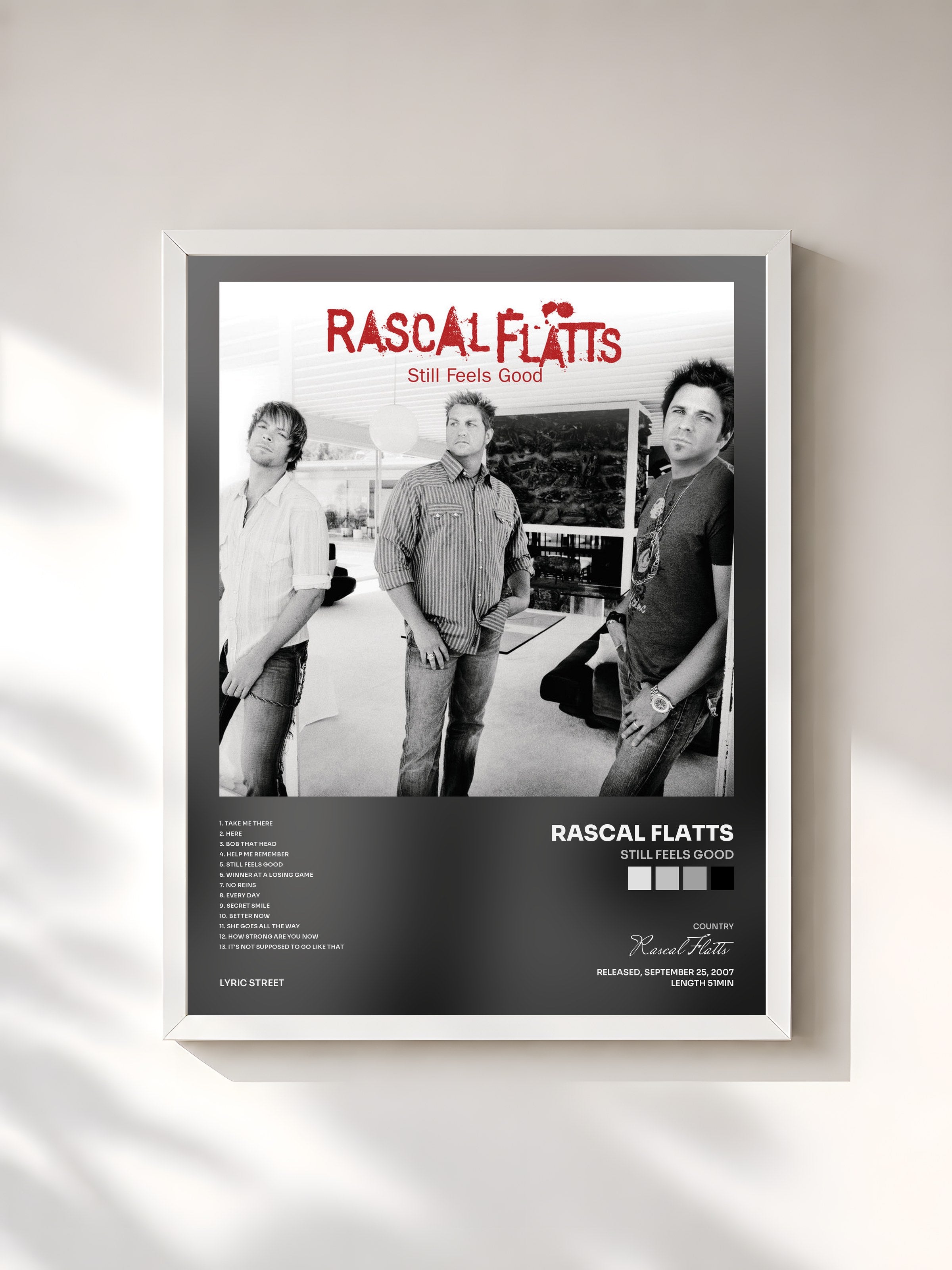 #blanc Tableau de l'album Still Feels Good de Rascal Flatts, cadre blanc, imprimé et encadré en France