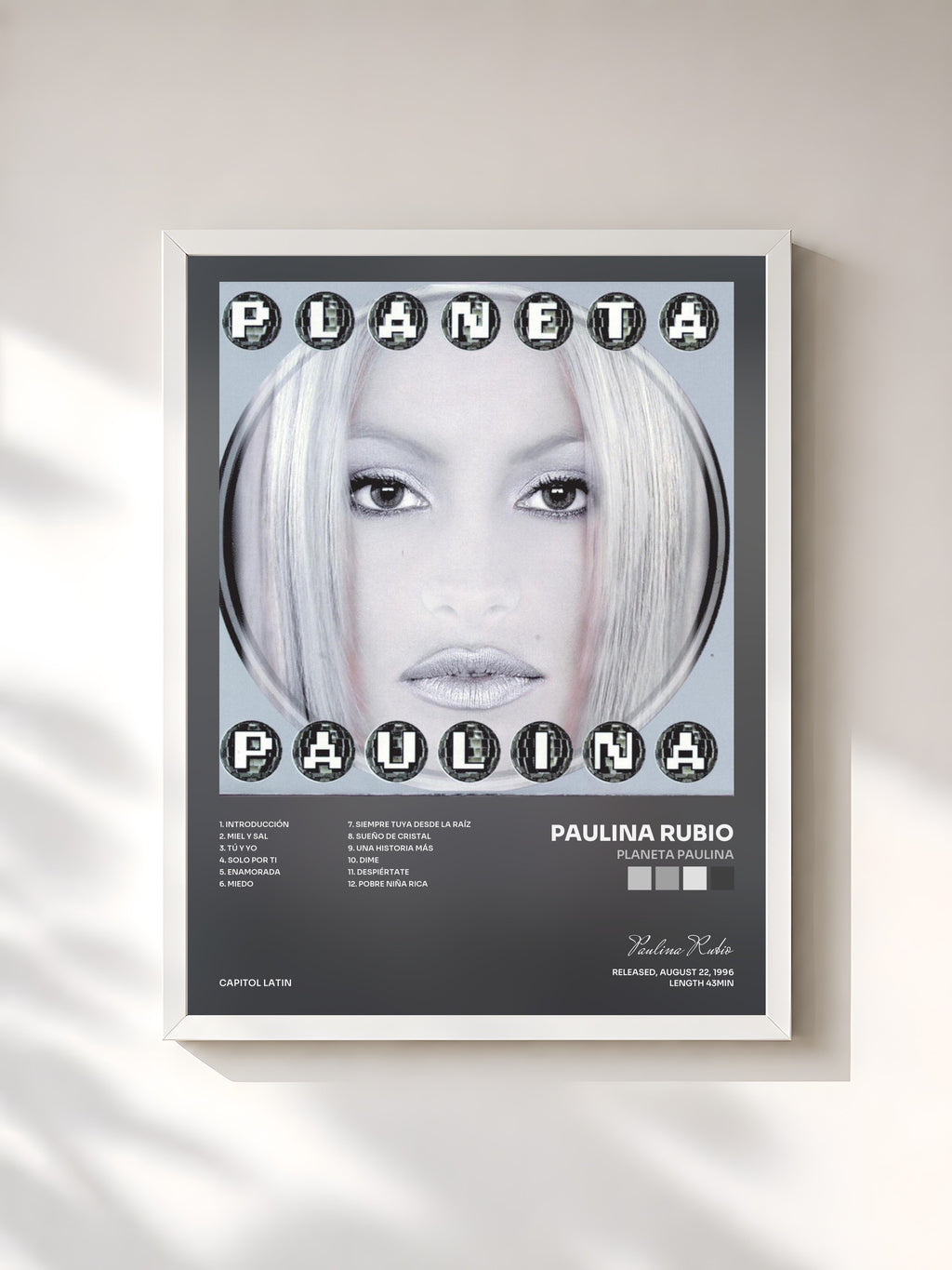 #blanc Tableau de l'album Planeta Paulina de Paulina Rubio, cadre blanc, imprimé et encadré en France