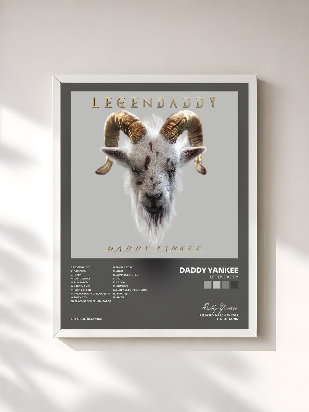 #blanc Tableau de l'album LEGENDADDY de Daddy Yankee, cadre blanc, imprimé et encadré en France