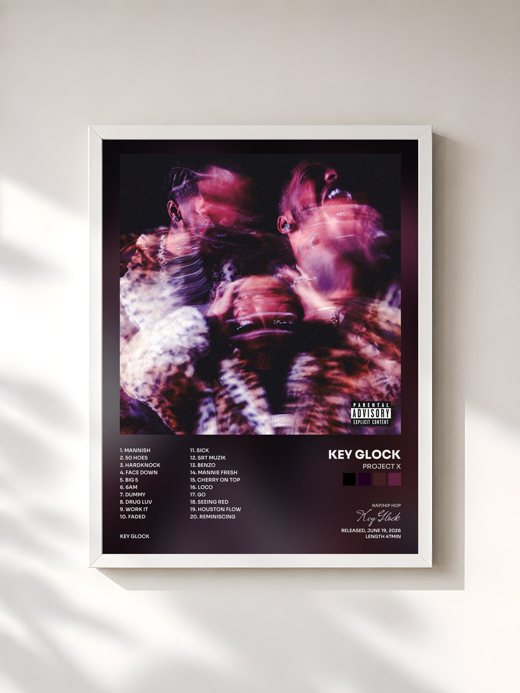 #blanc Tableau de l'album PROJECT X de Key Glock, cadre blanc, imprimé et encadré en France