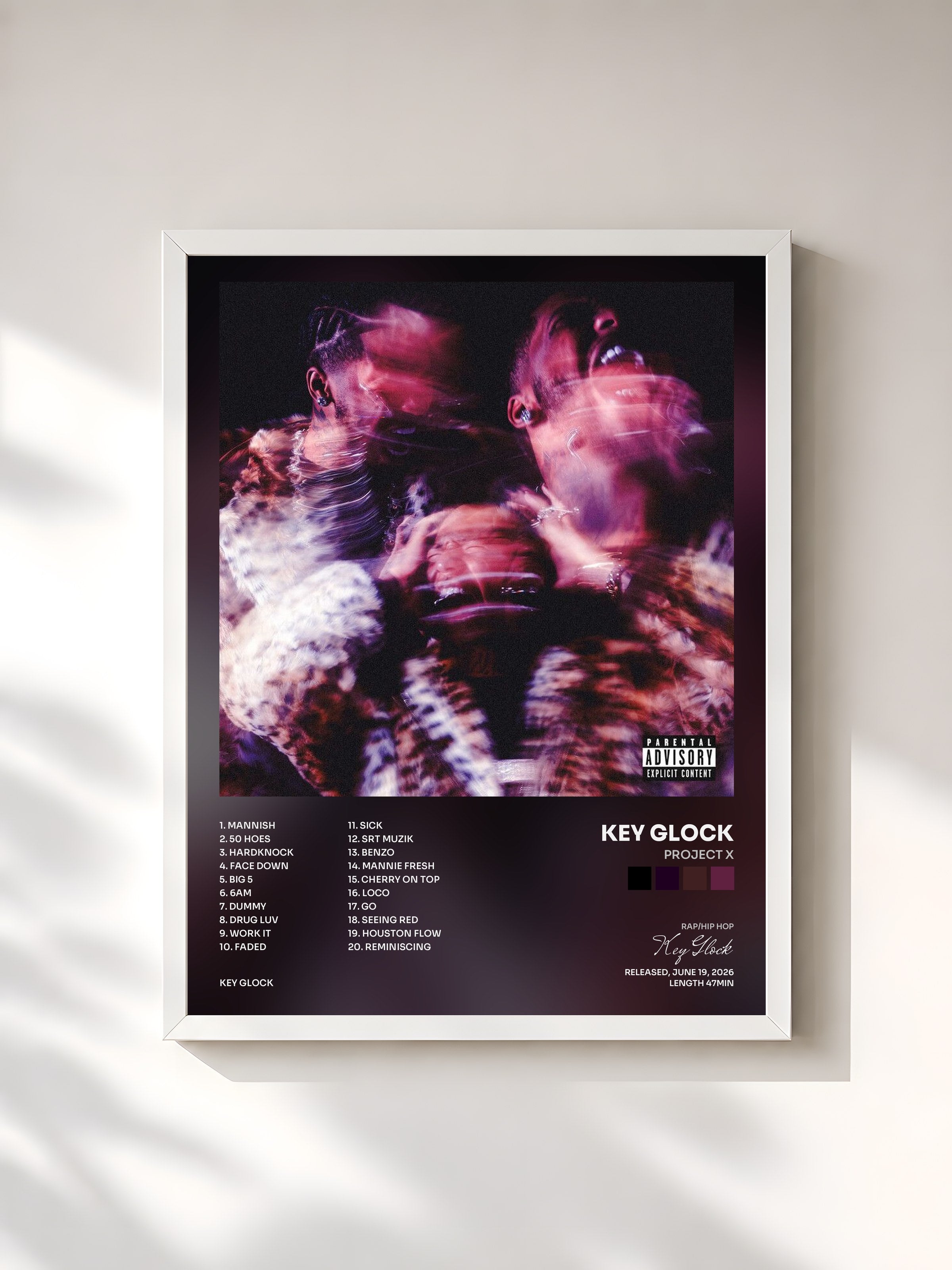 #blanc Tableau de l'album PROJECT X de Key Glock, cadre blanc, imprimé et encadré en France