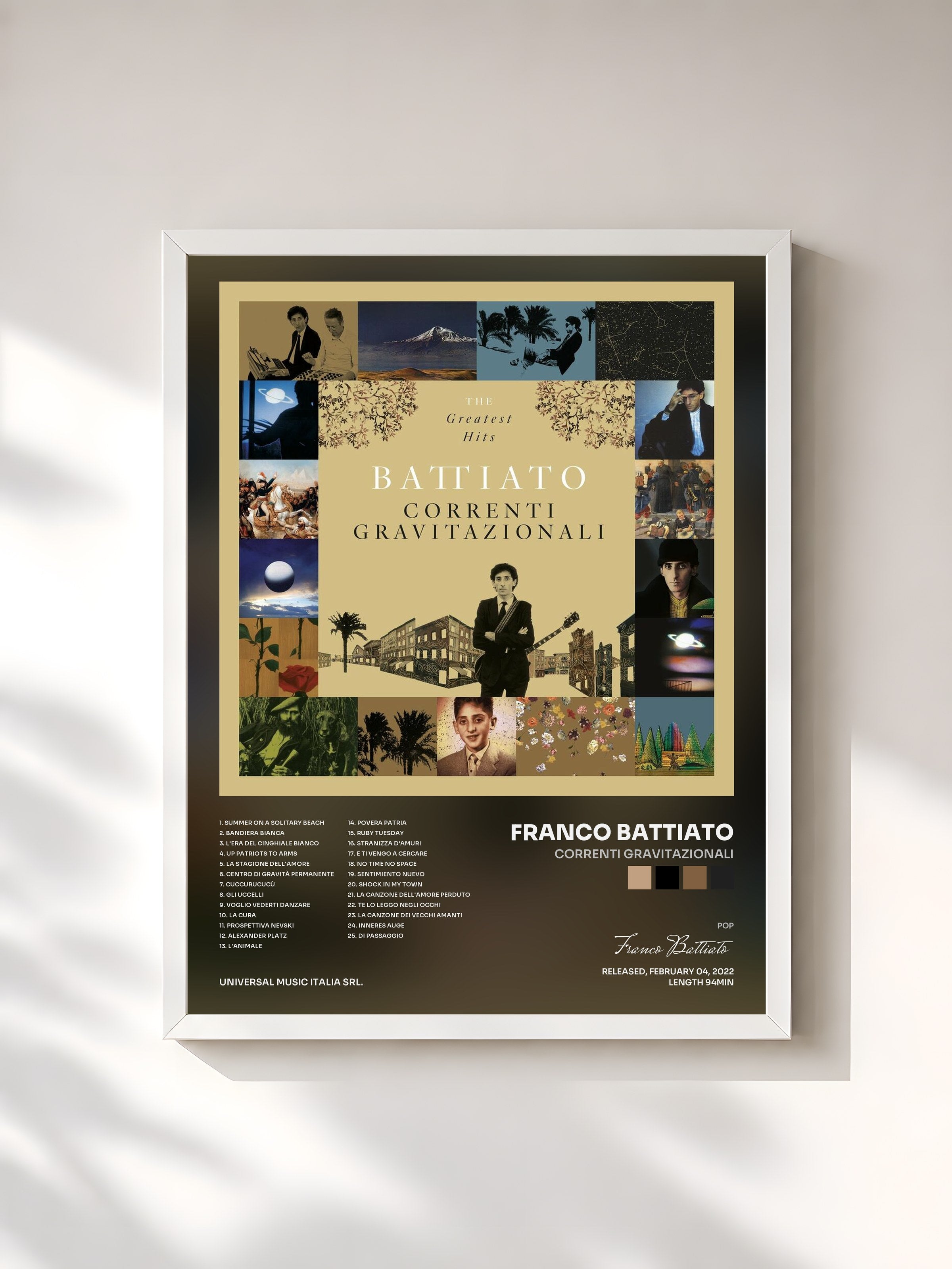 #blanc Tableau de l'album Correnti Gravitazionali de Franco Battiato, cadre blanc, imprimé et encadré en France