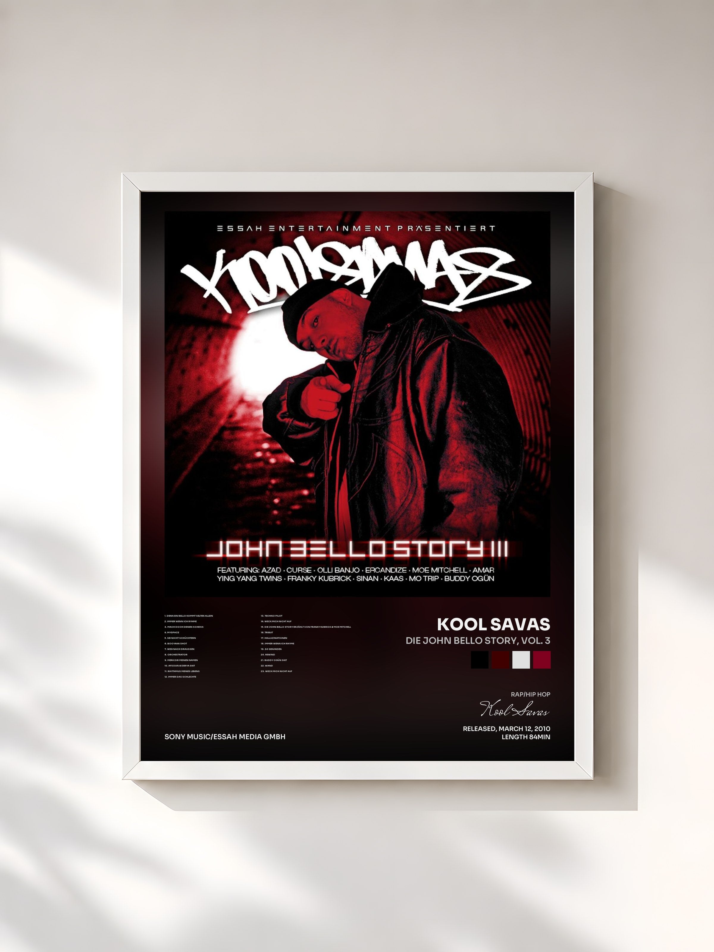 #blanc Tableau de l'album Die John Bello Story, Vol. 3 de Kool Savas, cadre blanc, imprimé et encadré en France