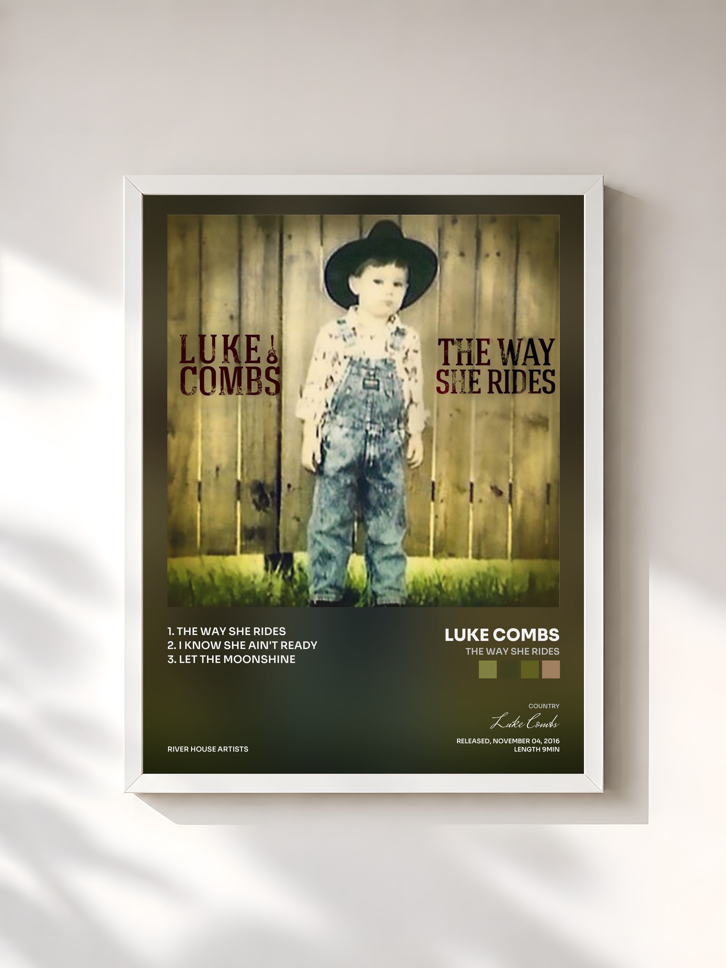 #blanc Tableau de l'album The Way She Rides de Luke Combs, cadre blanc, imprimé et encadré en France