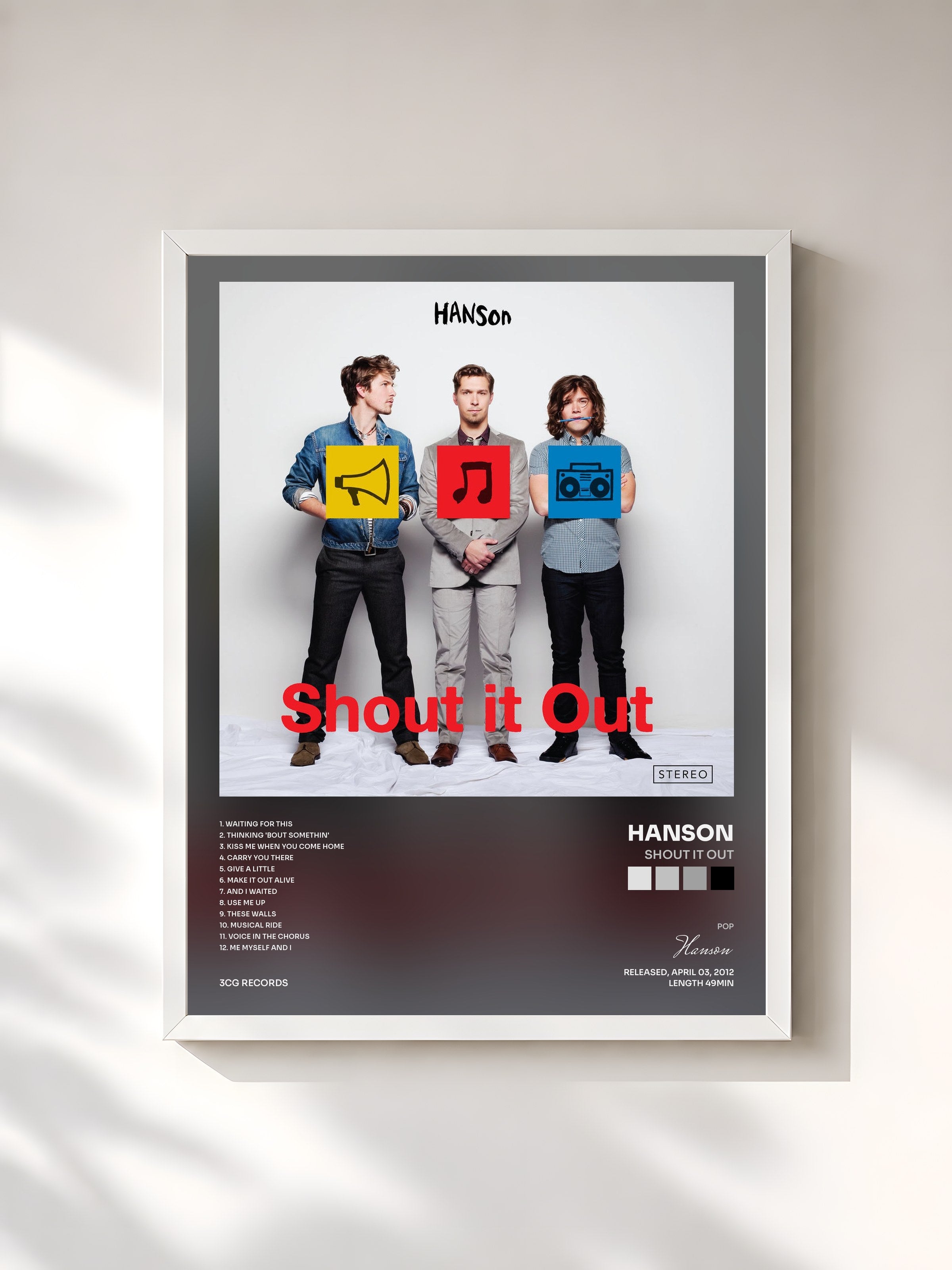#blanc Tableau de l'album Shout It Out de Hanson, cadre blanc, imprimé et encadré en France