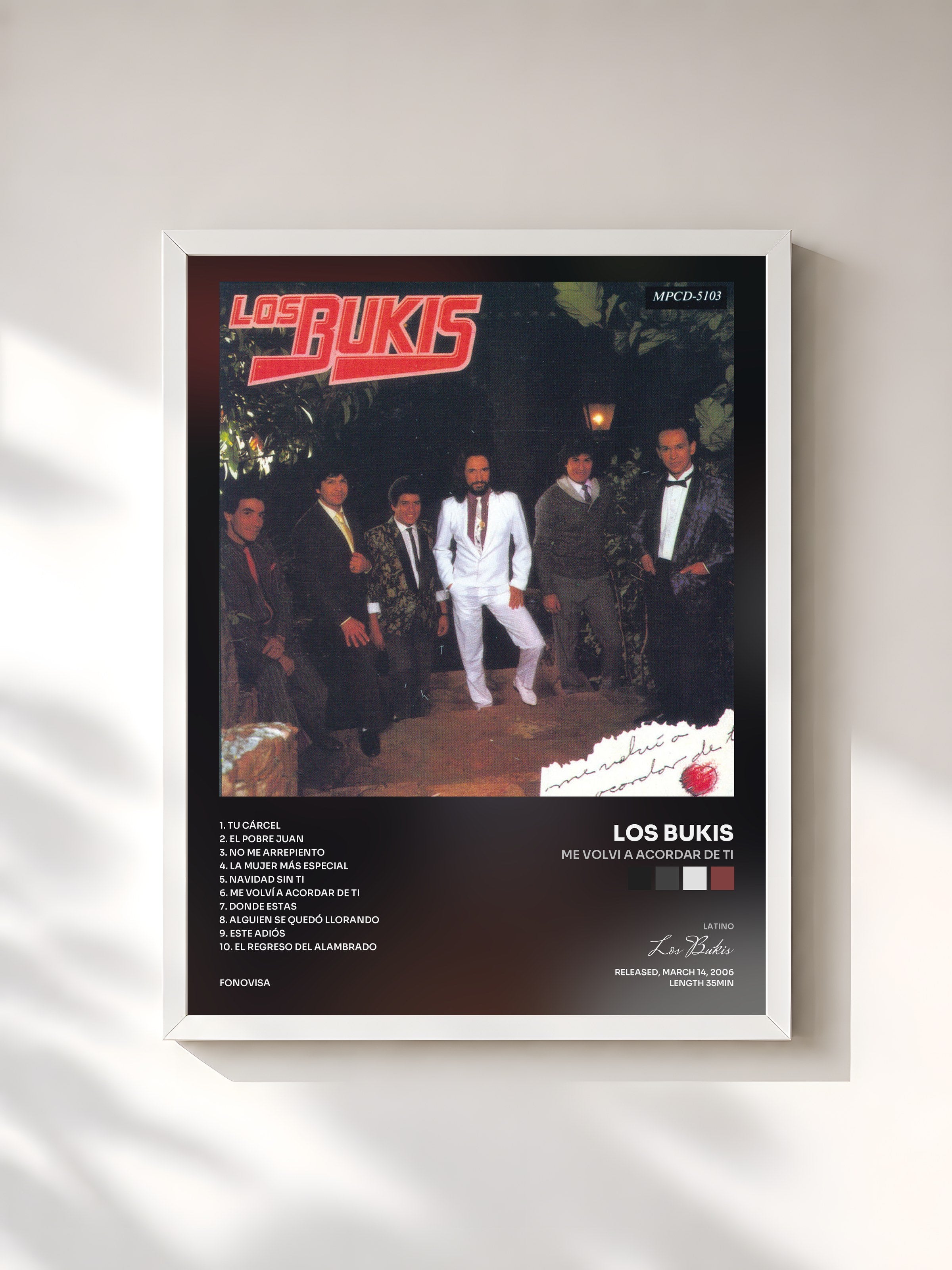 #blanc Tableau de l'album Me Volvi A Acordar De Ti de Los Bukis, cadre blanc, imprimé et encadré en France