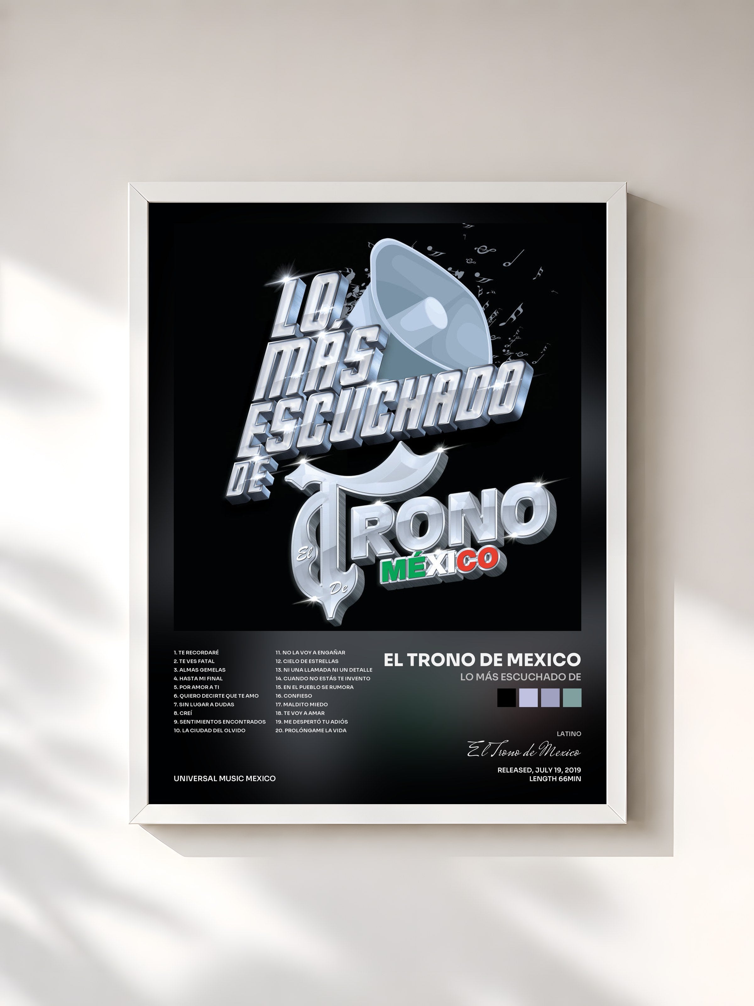 #blanc Tableau de l'album Lo Más Escuchado De de El Trono de Mexico, cadre blanc, imprimé et encadré en France