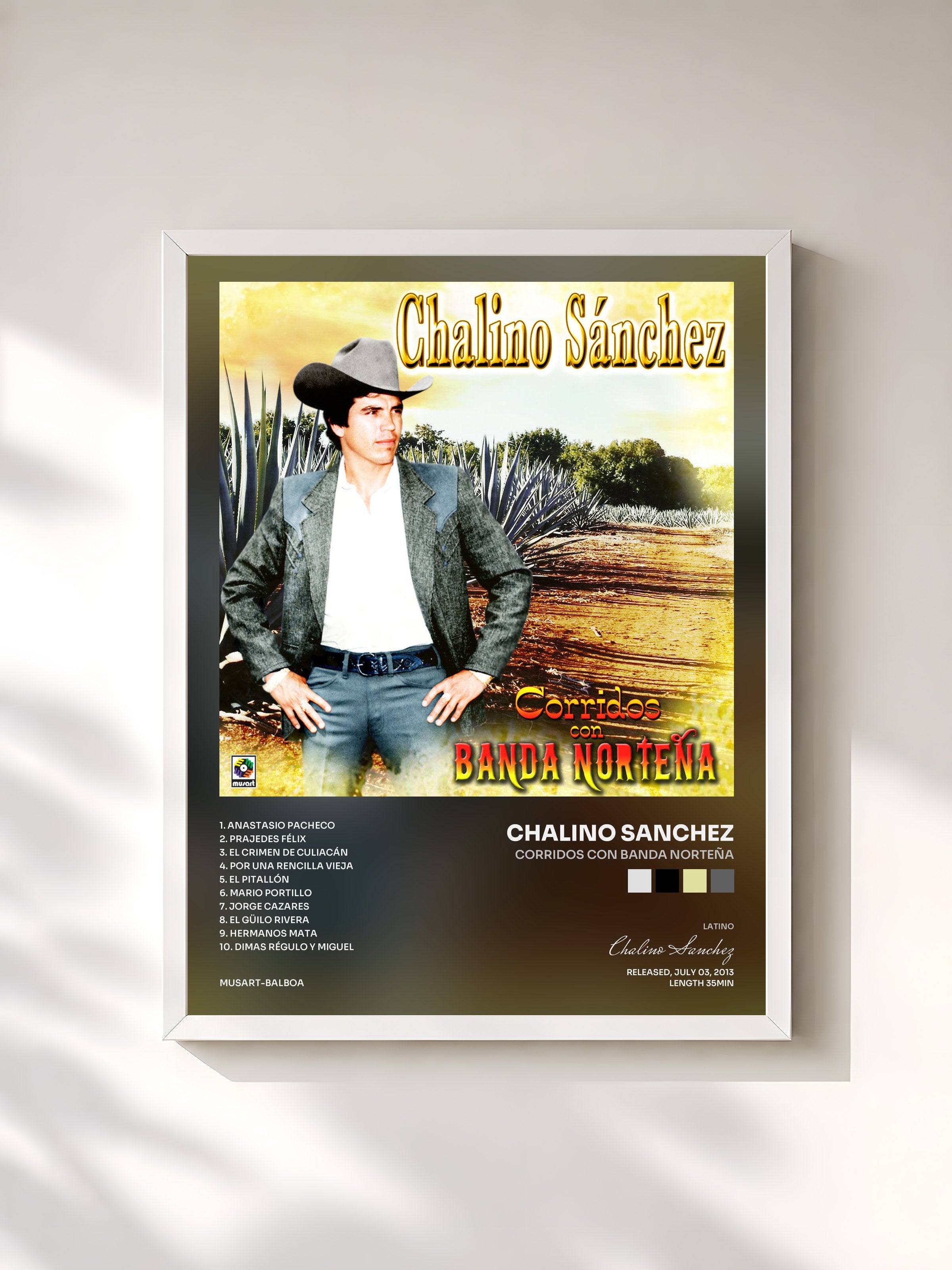 #blanc Tableau de l'album Corridos Con Banda Norteña de Chalino Sanchez, cadre blanc, imprimé et encadré en France