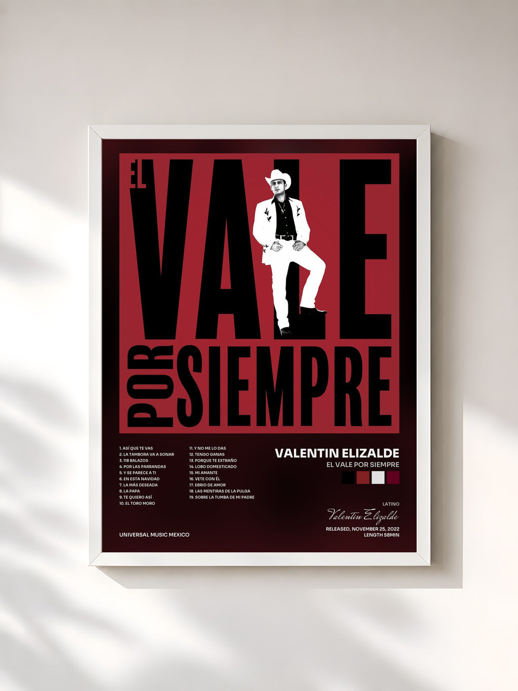#blanc Tableau de l'album El Vale Por Siempre de Valentin Elizalde, cadre blanc, imprimé et encadré en France