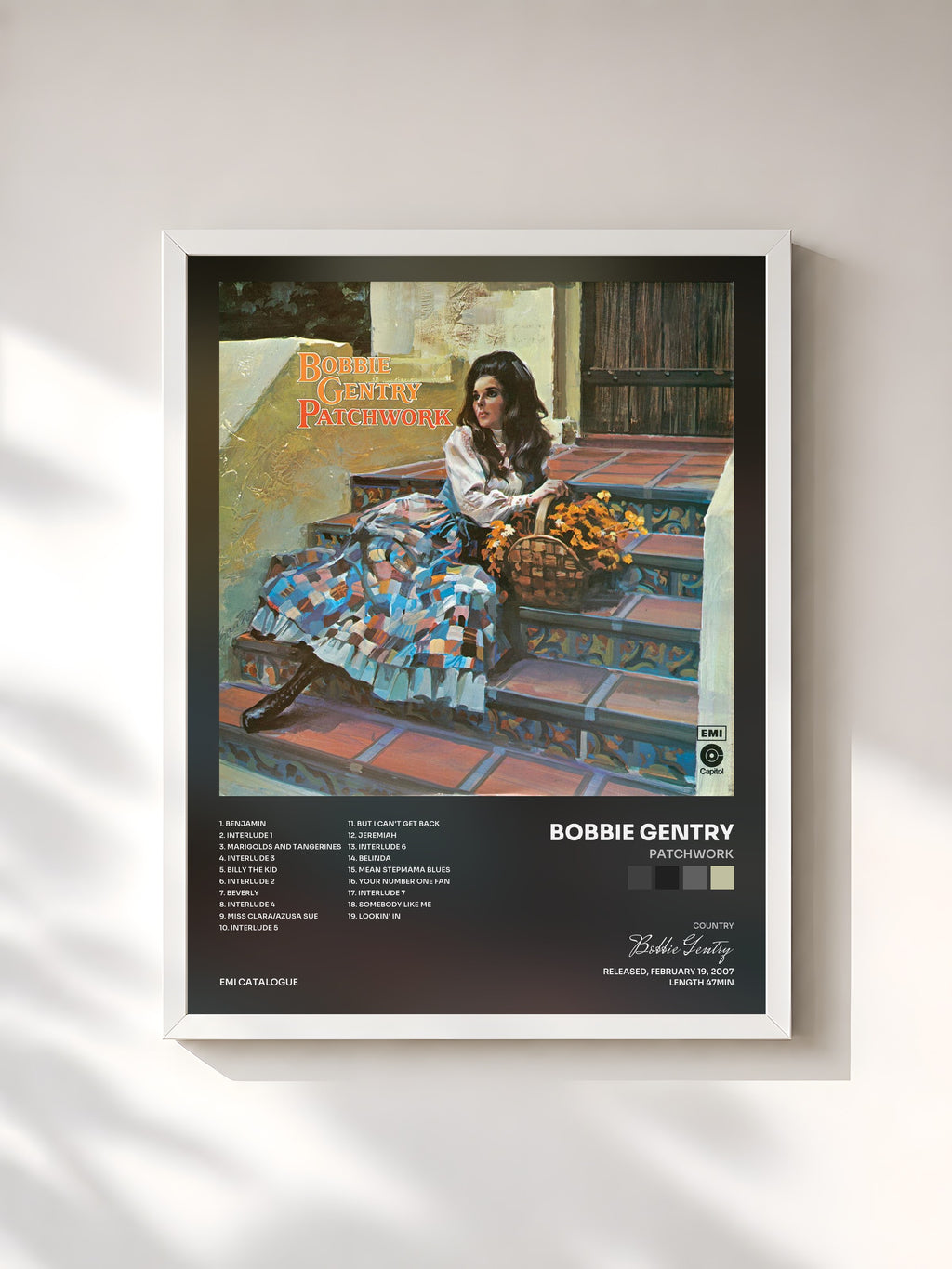 #blanc Tableau de l'album Patchwork de Bobbie Gentry, cadre blanc, imprimé et encadré en France