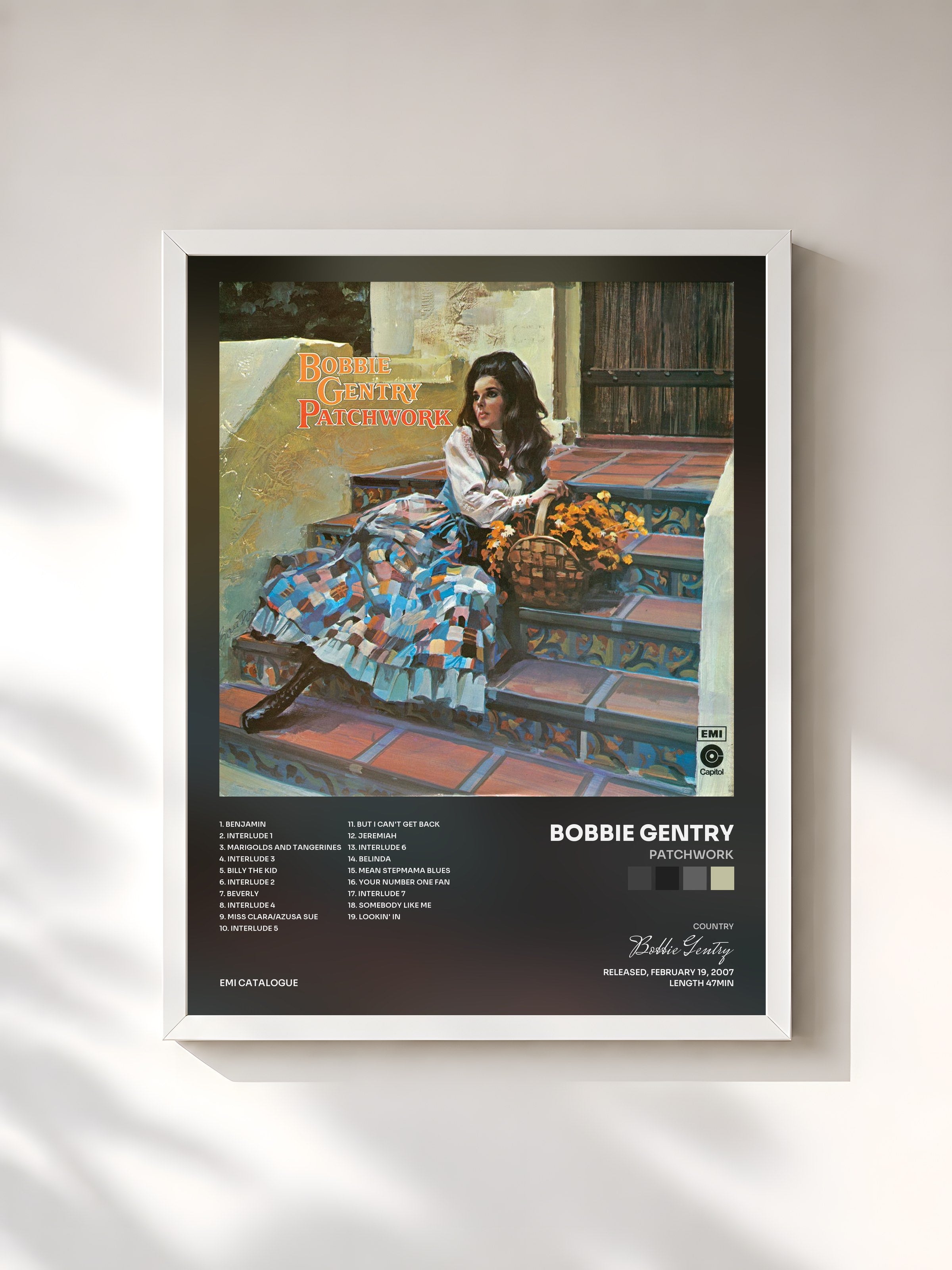 #blanc Tableau de l'album Patchwork de Bobbie Gentry, cadre blanc, imprimé et encadré en France