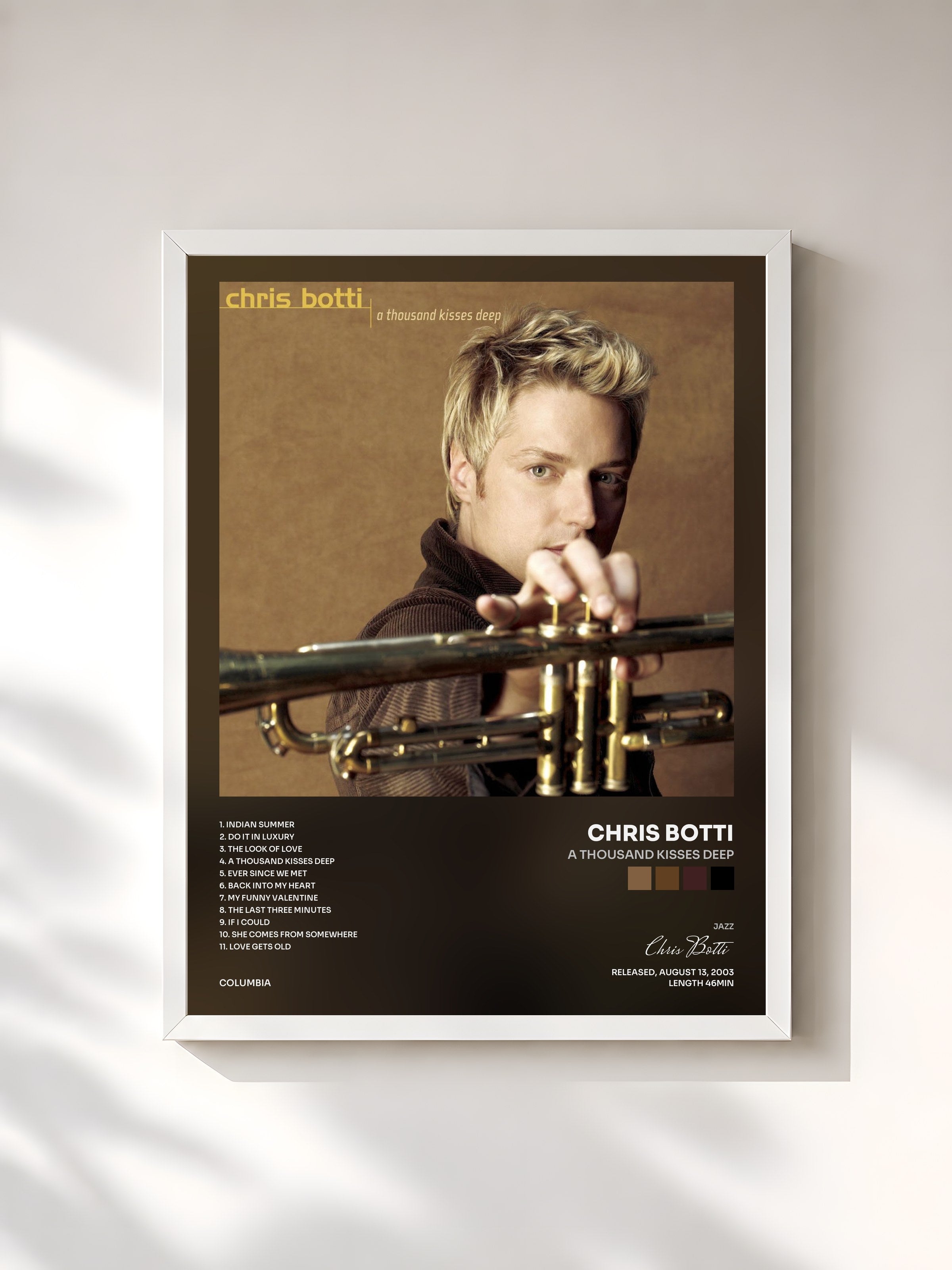 #blanc Tableau de l'album A Thousand Kisses Deep de Chris Botti, cadre blanc, imprimé et encadré en France