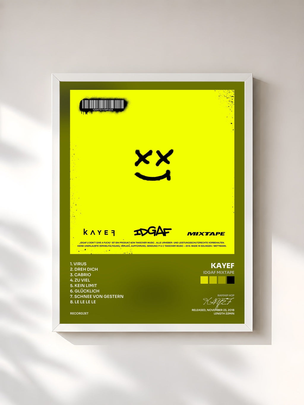 #blanc IDGAF Mixtape di KAYEF in stampa incorniciata, cornice bianca, stampata e incorniciata in Francia