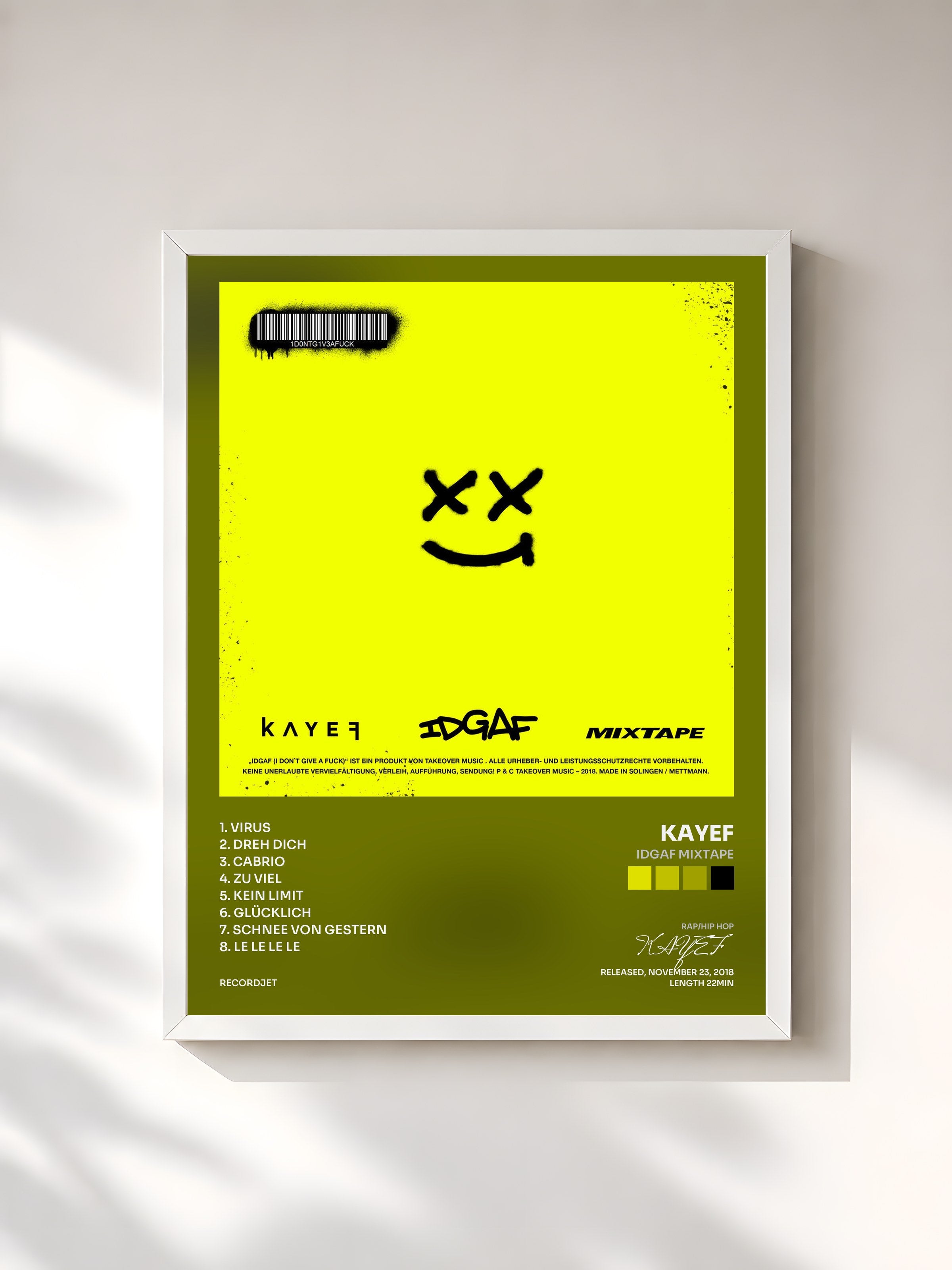 #blanc Tableau de l'album IDGAF Mixtape de KAYEF, cadre blanc, imprimé et encadré en France