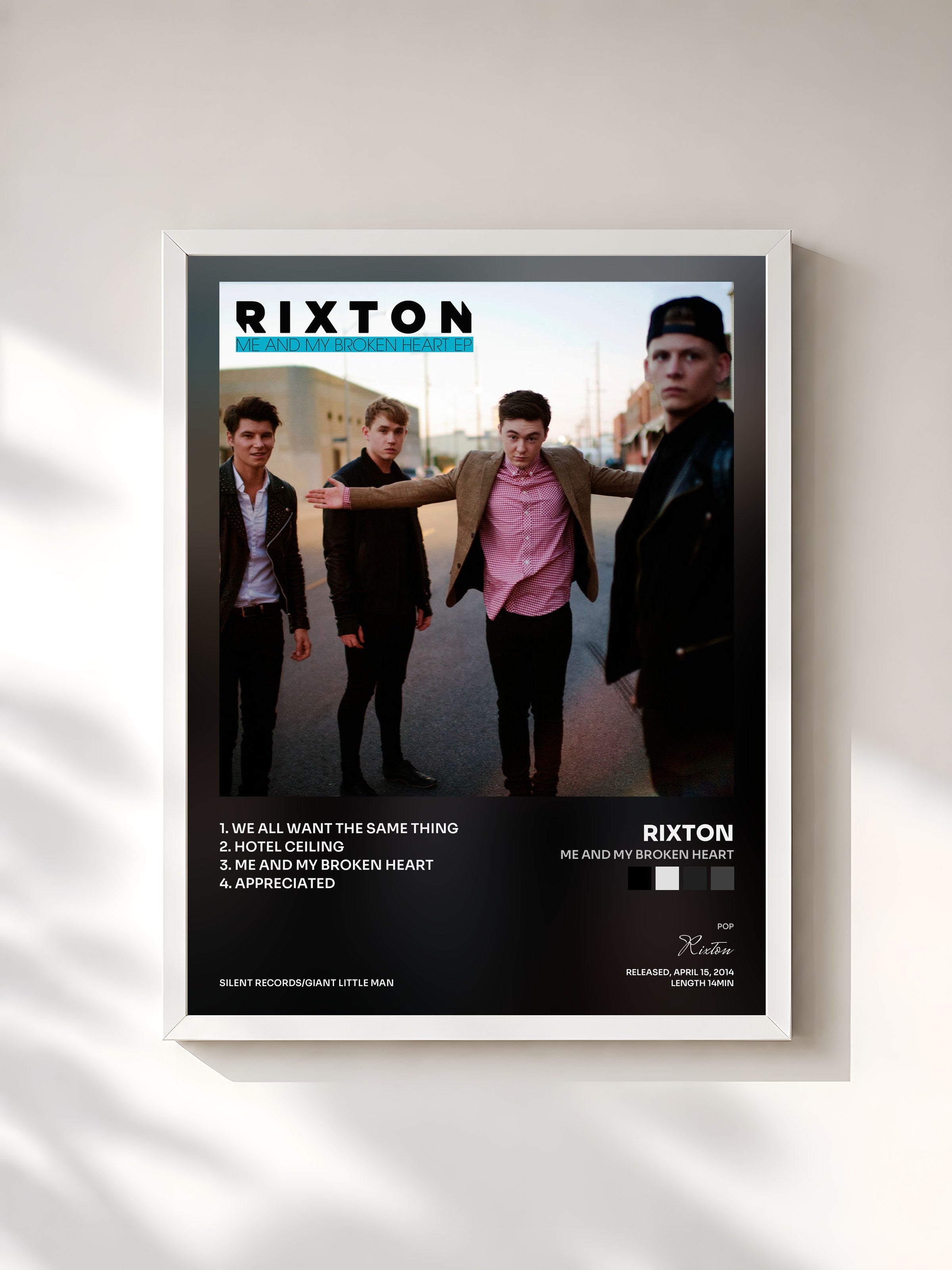 #blanc Tableau de l'album Me And My Broken Heart de Rixton, cadre blanc, imprimé et encadré en France