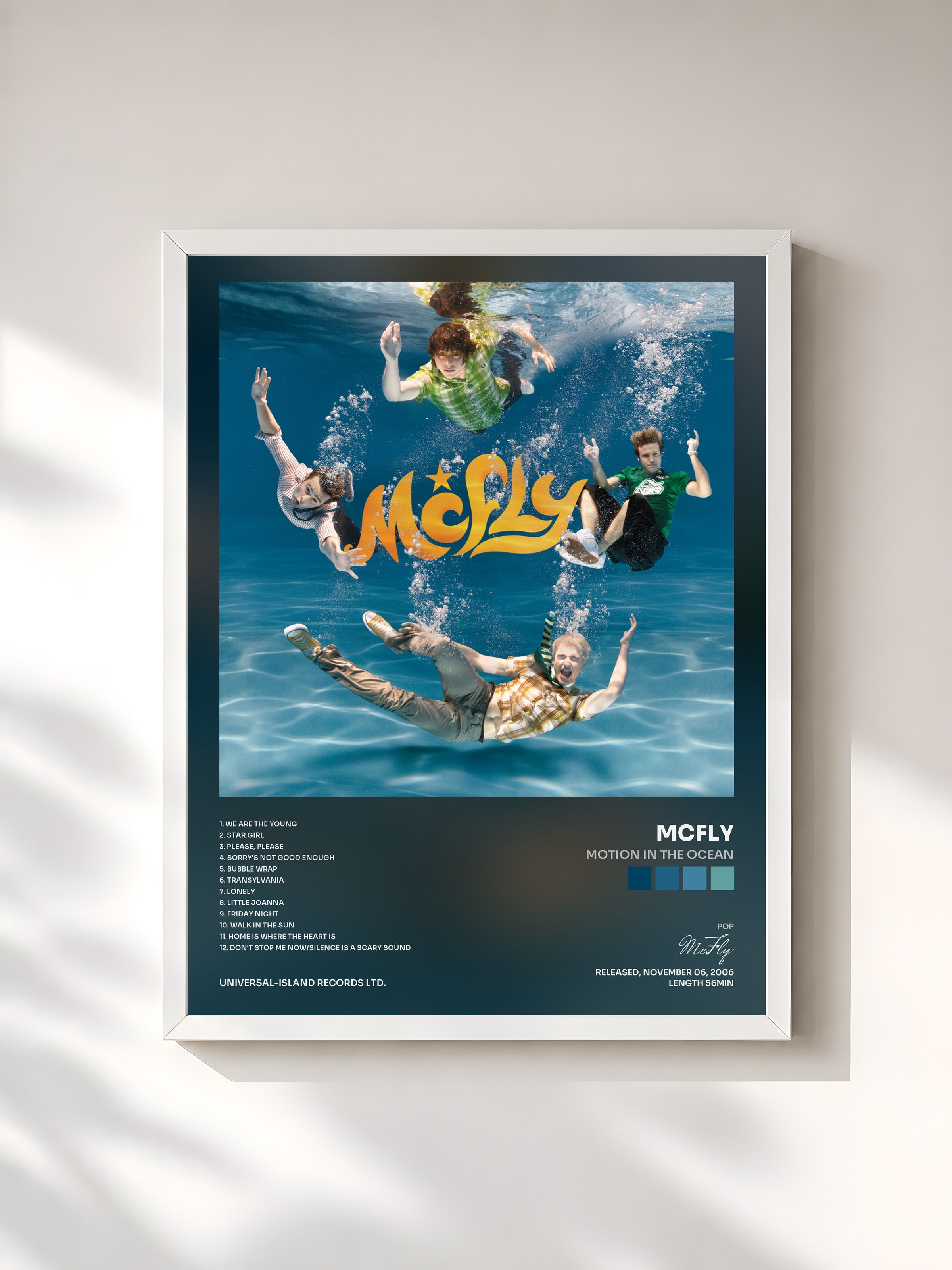 #blanc Tableau de l'album Motion In The Ocean de McFly, cadre blanc, imprimé et encadré en France