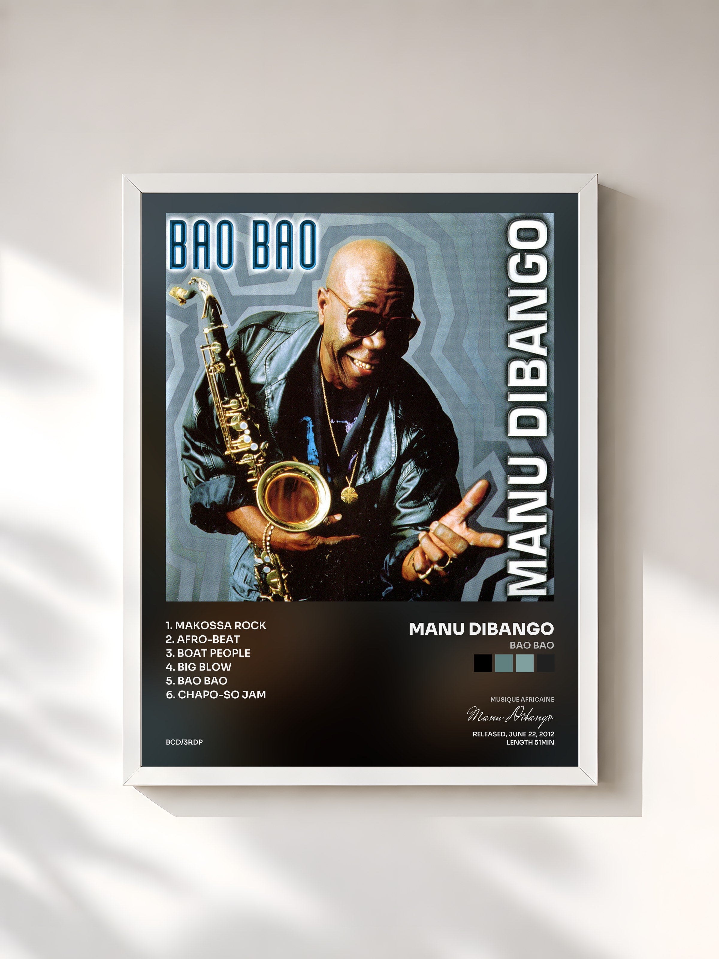 #blanc Tableau de l'album Bao Bao de Manu Dibango, cadre blanc, imprimé et encadré en France