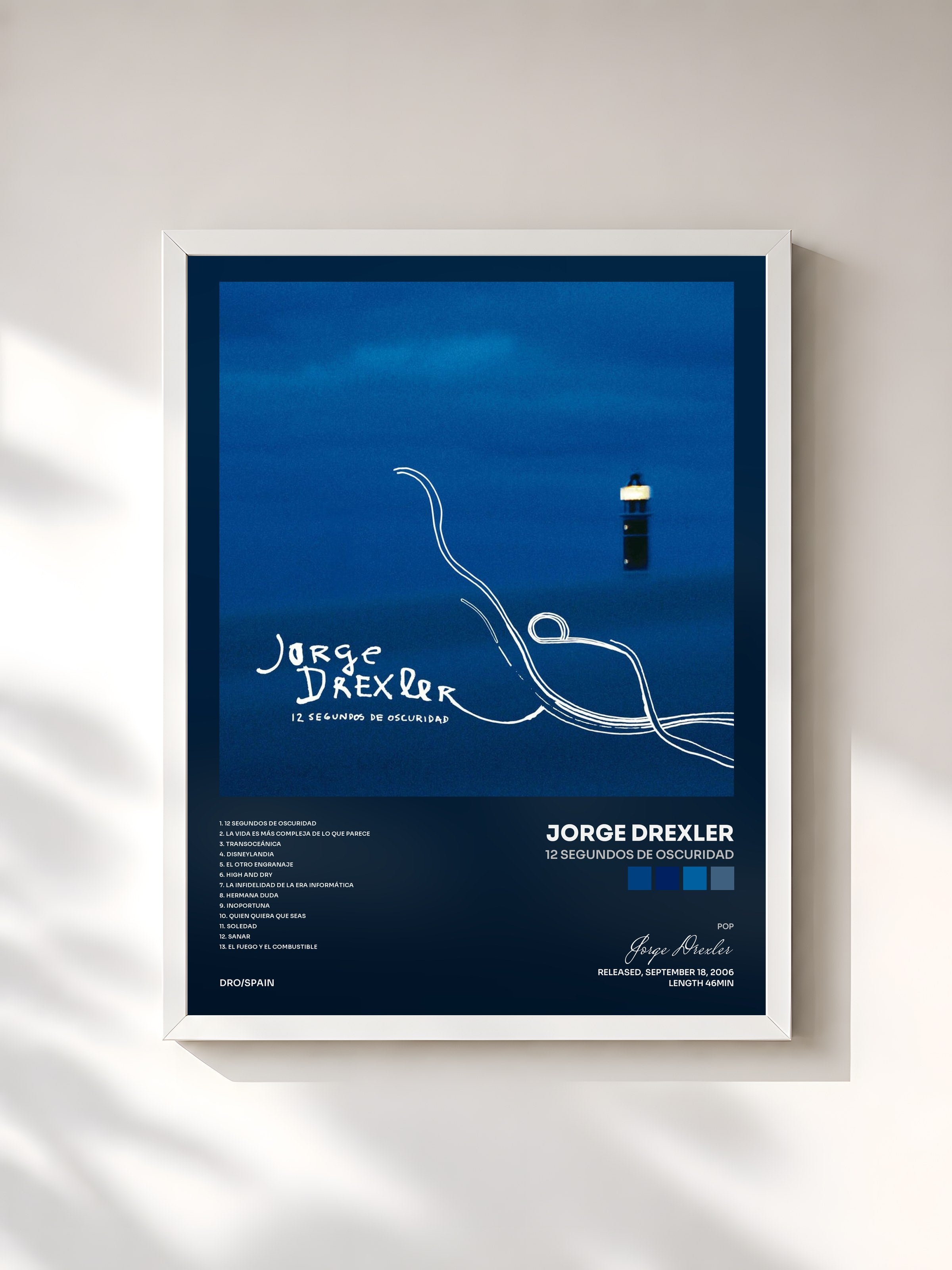 #blanc Tableau de l'album 12 segundos de oscuridad de Jorge Drexler, cadre blanc, imprimé et encadré en France
