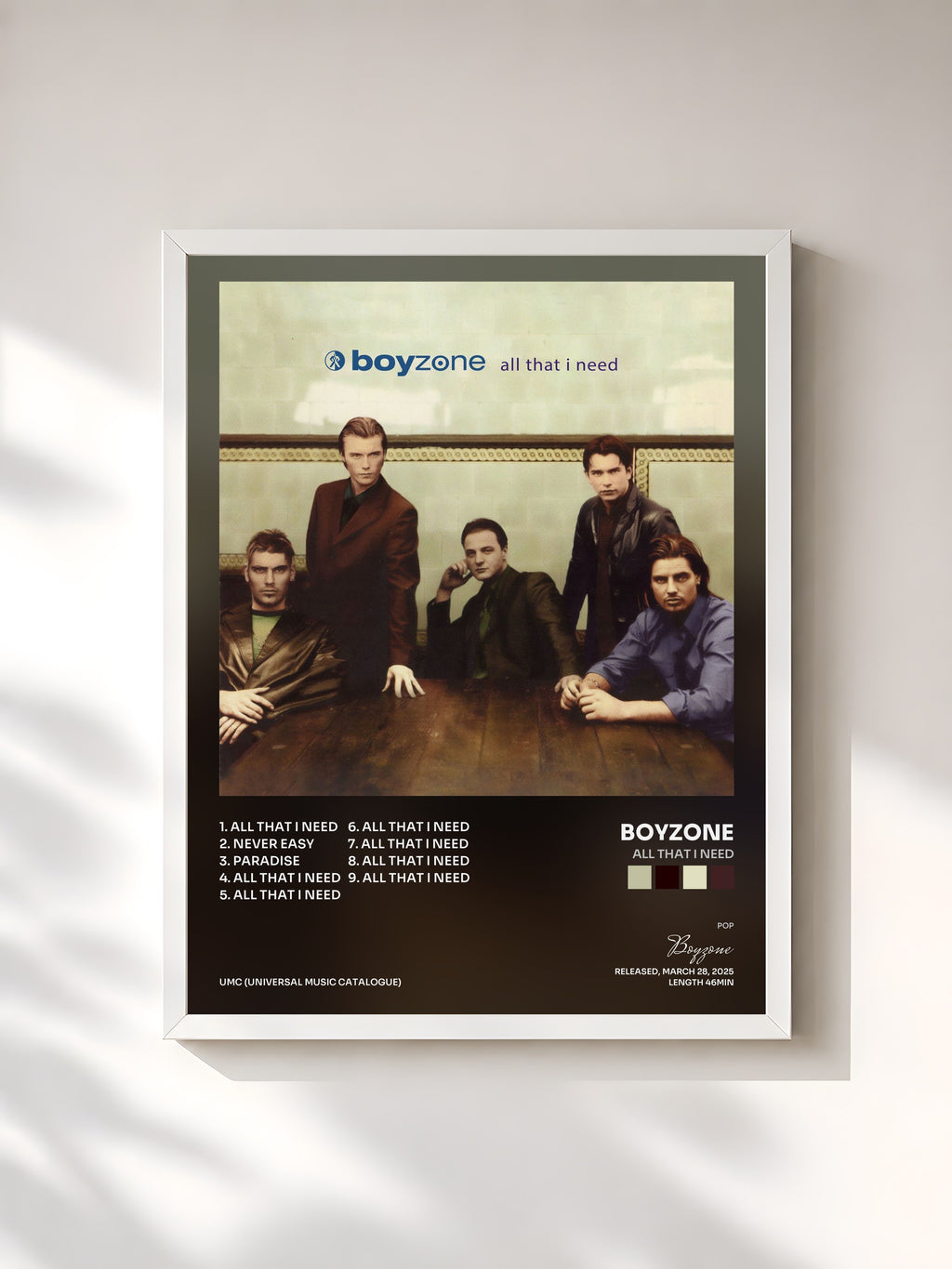 #blanc Tableau de l'album All That I Need de Boyzone, cadre blanc, imprimé et encadré en France