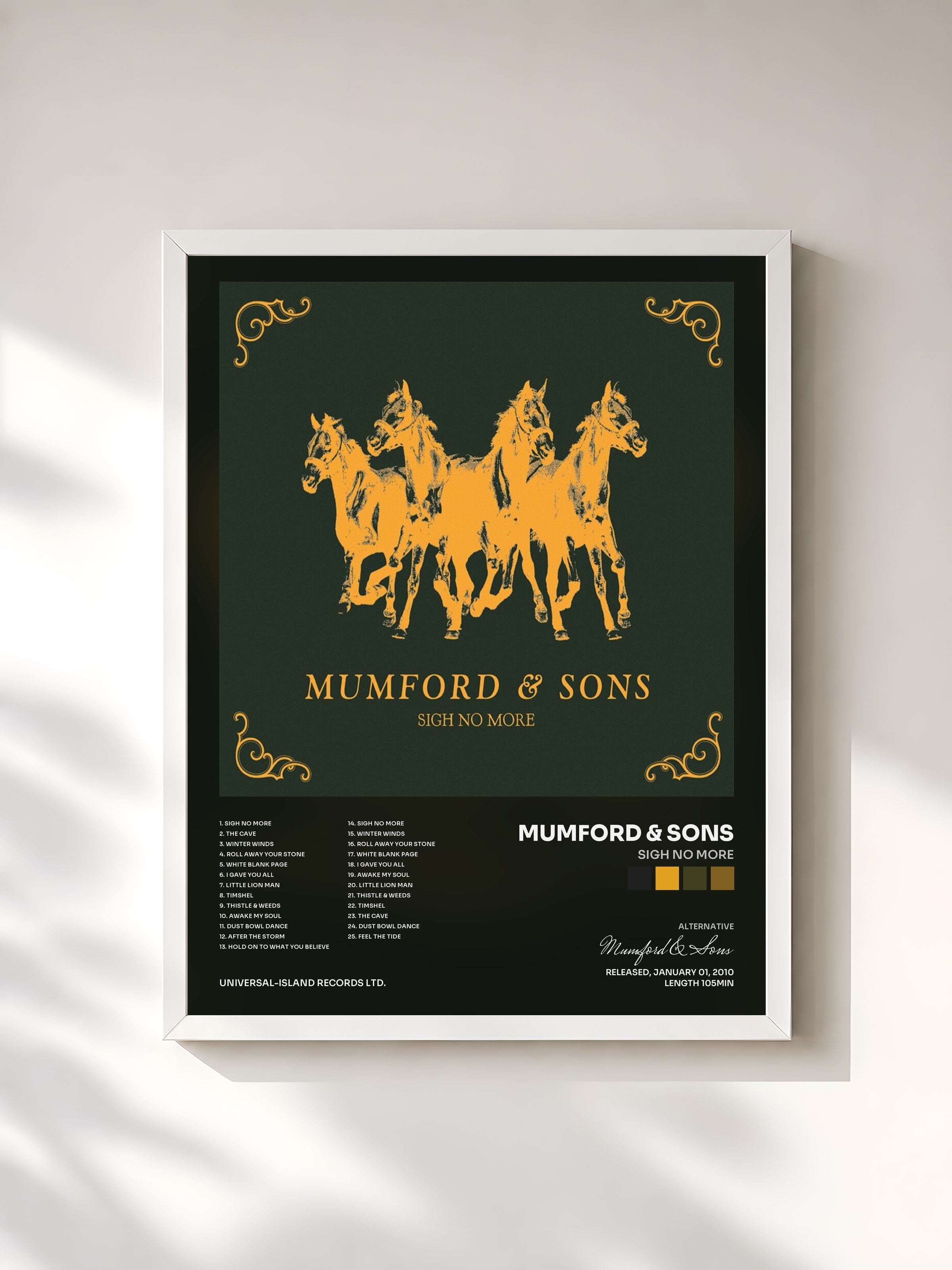 #blanc Tableau de l'album Sigh No More de Mumford & Sons, cadre blanc, imprimé et encadré en France