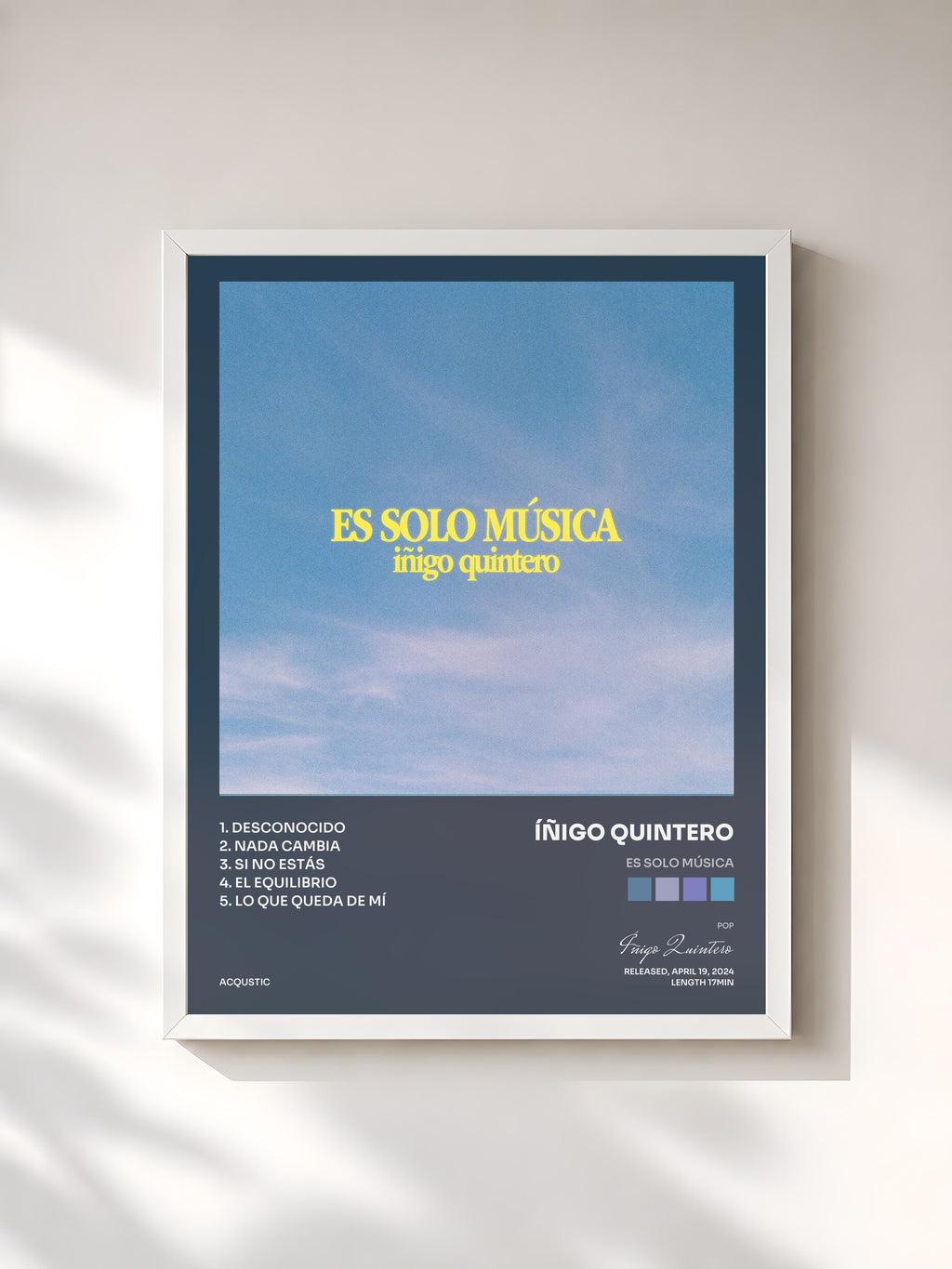 #blanc Tableau de l'album ES SOLO MÚSICA de Íñigo Quintero, cadre blanc, imprimé et encadré en France