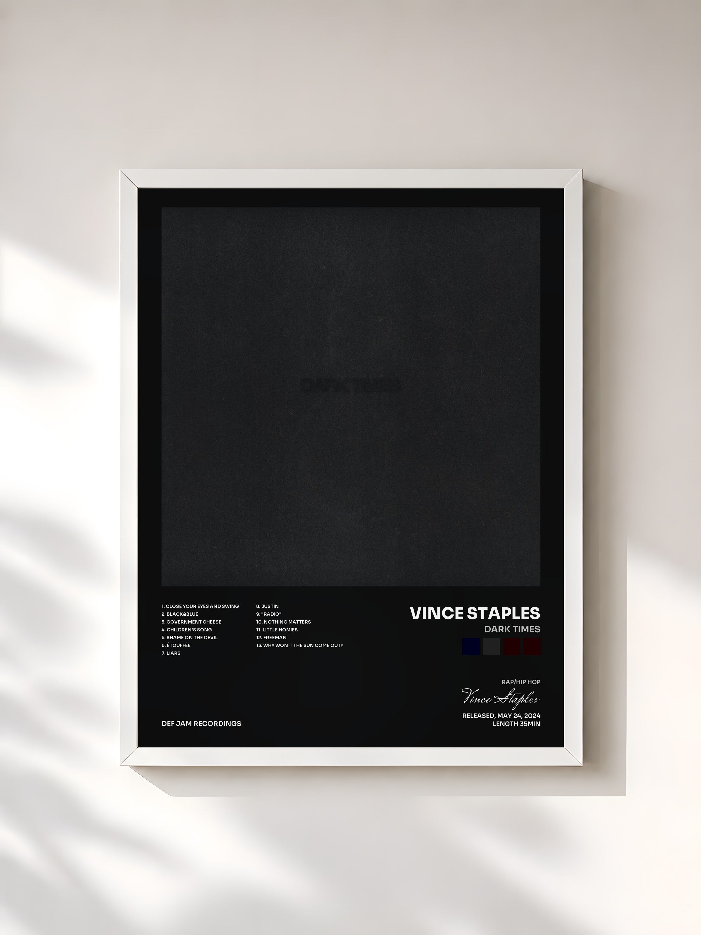 #blanc Tableau de l'album Dark Times de Vince Staples, cadre blanc, imprimé et encadré en France