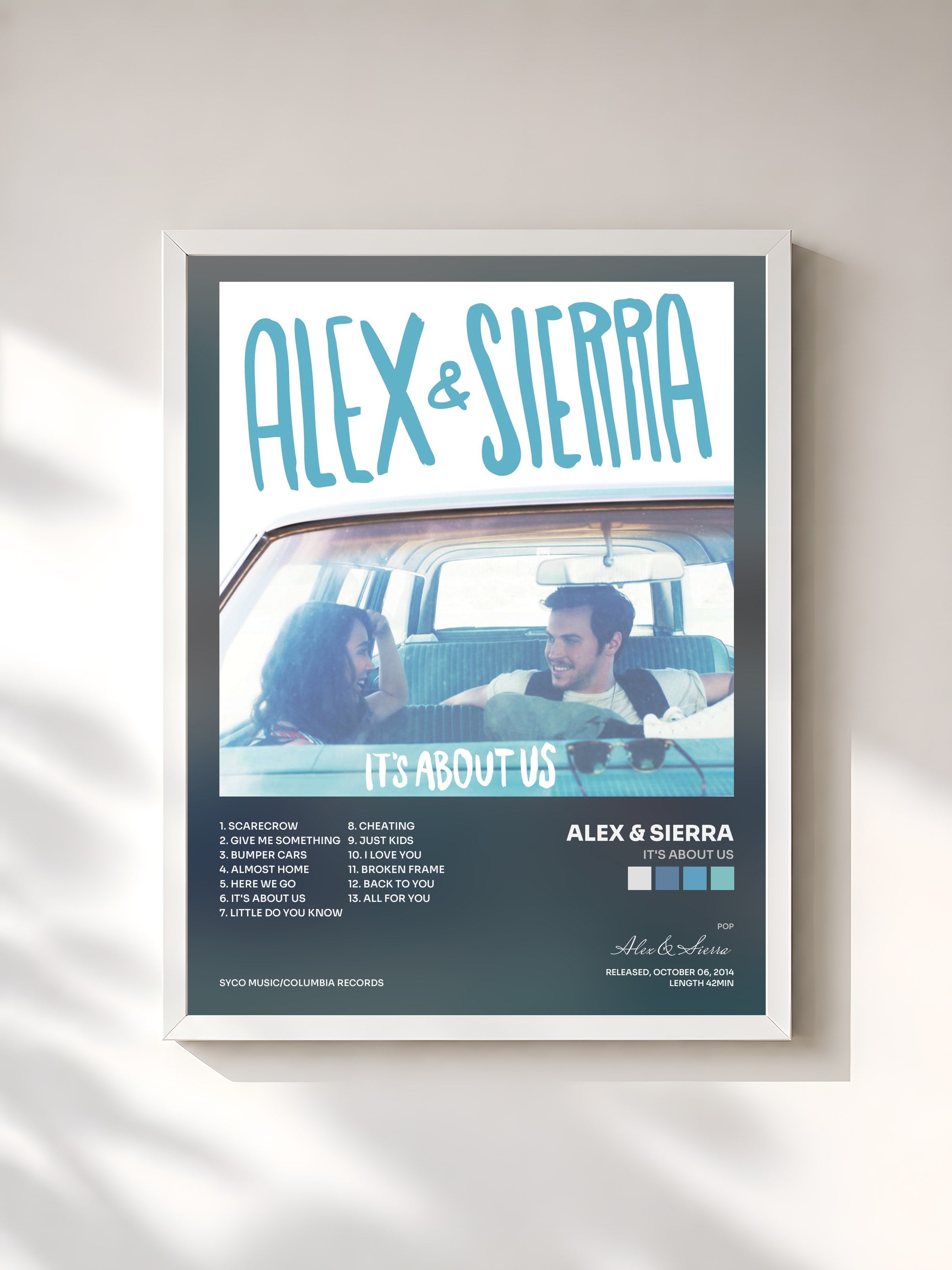 #blanc Tableau de l'album It's About Us de Alex & Sierra, cadre blanc, imprimé et encadré en France