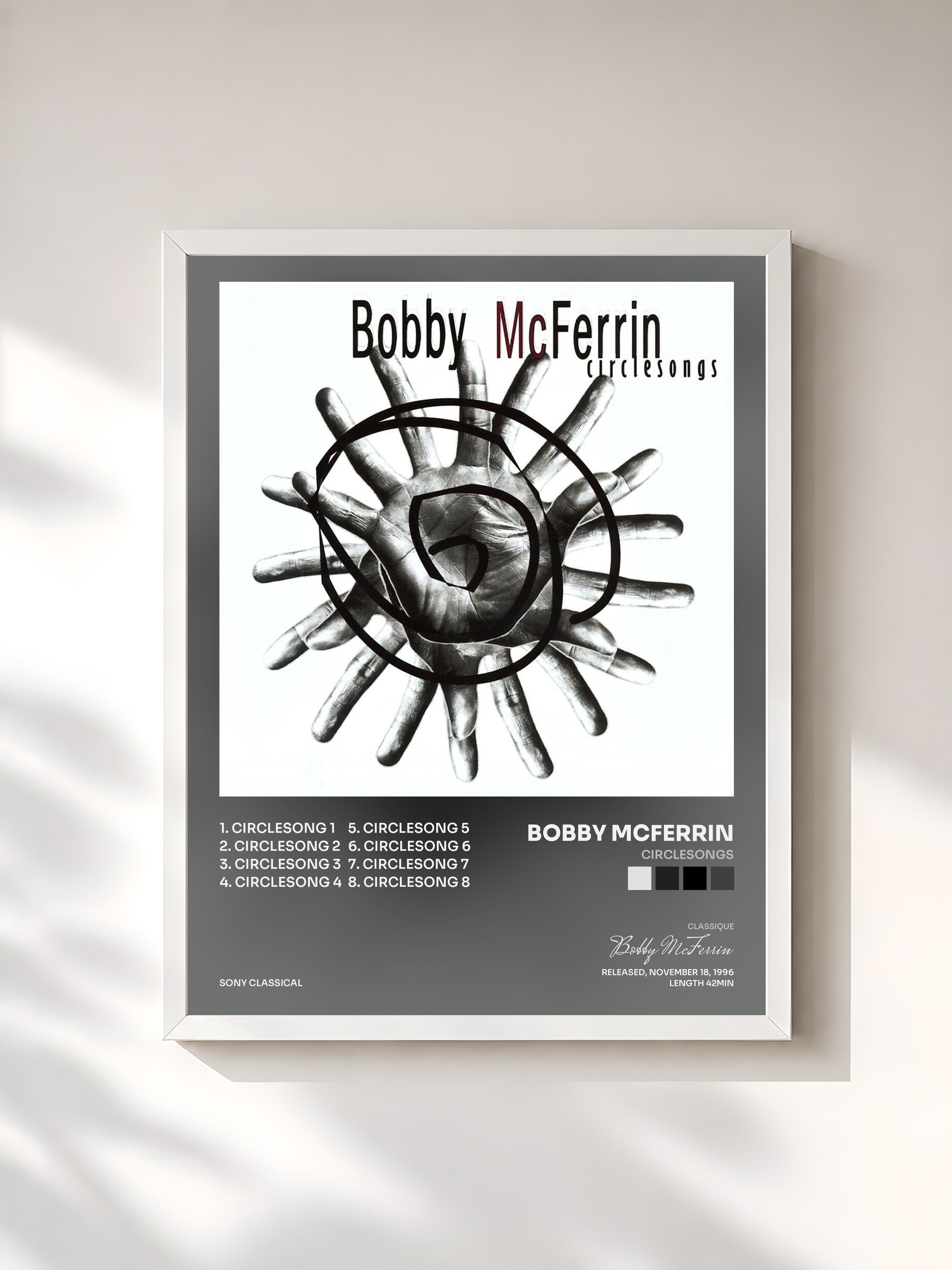 #blanc Tableau de l'album Circlesongs de Bobby McFerrin, cadre blanc, imprimé et encadré en France