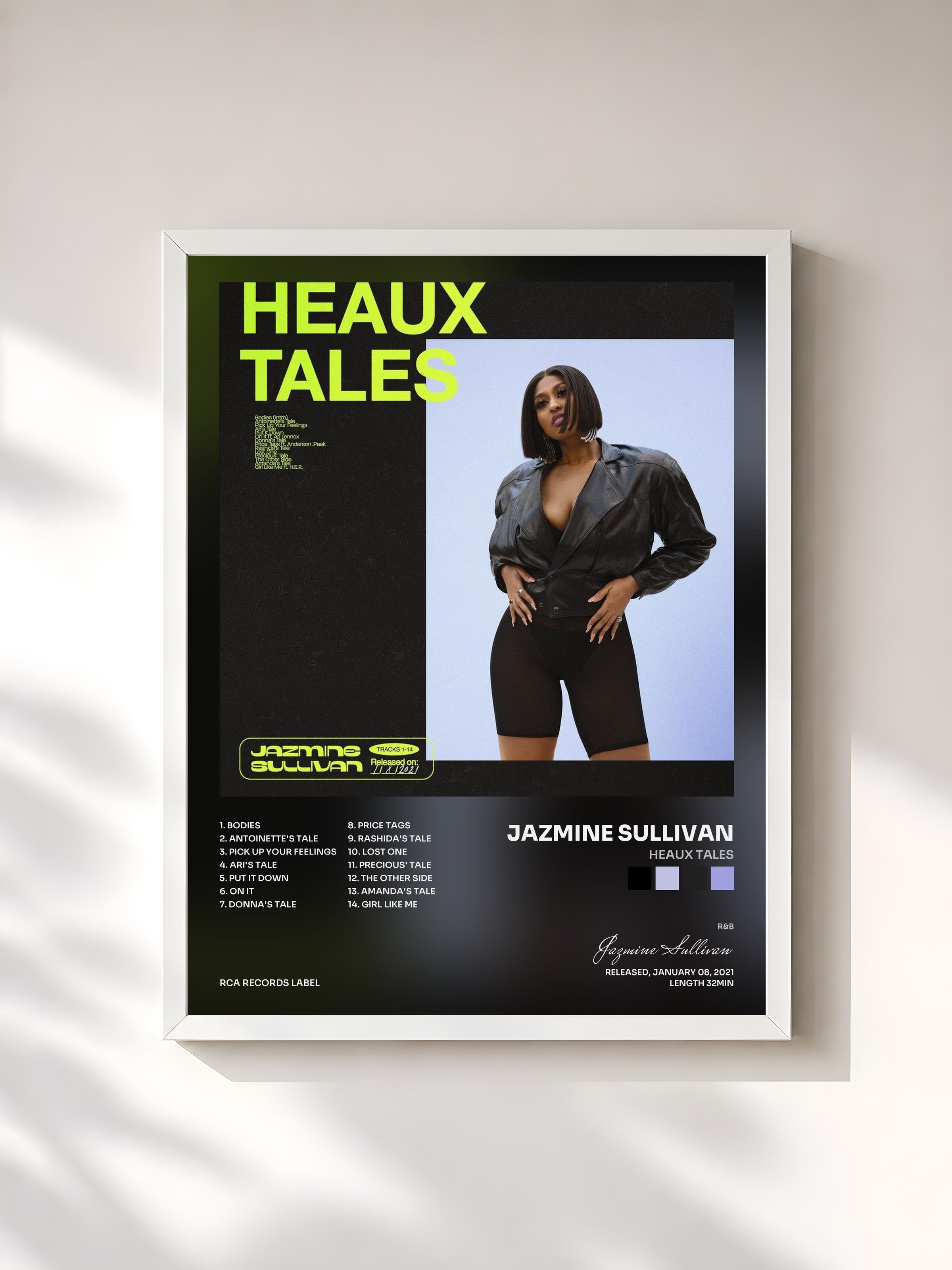 #blanc Tableau de l'album Heaux Tales de Jazmine Sullivan, cadre blanc, imprimé et encadré en France
