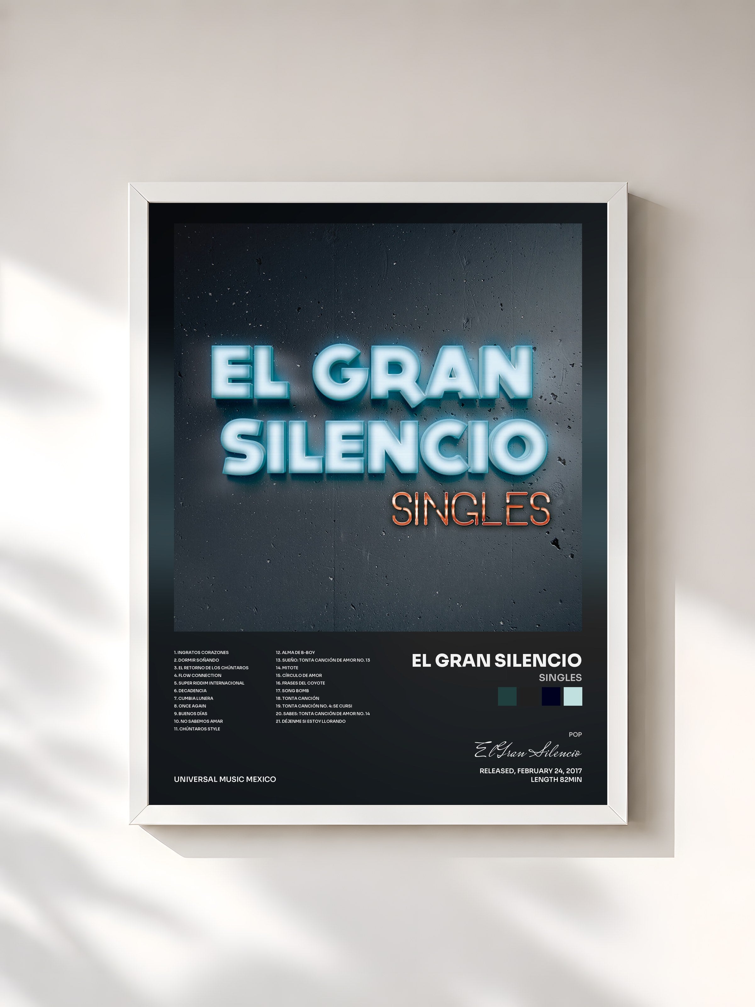 #blanc Tableau de l'album Singles de El Gran Silencio, cadre blanc, imprimé et encadré en France