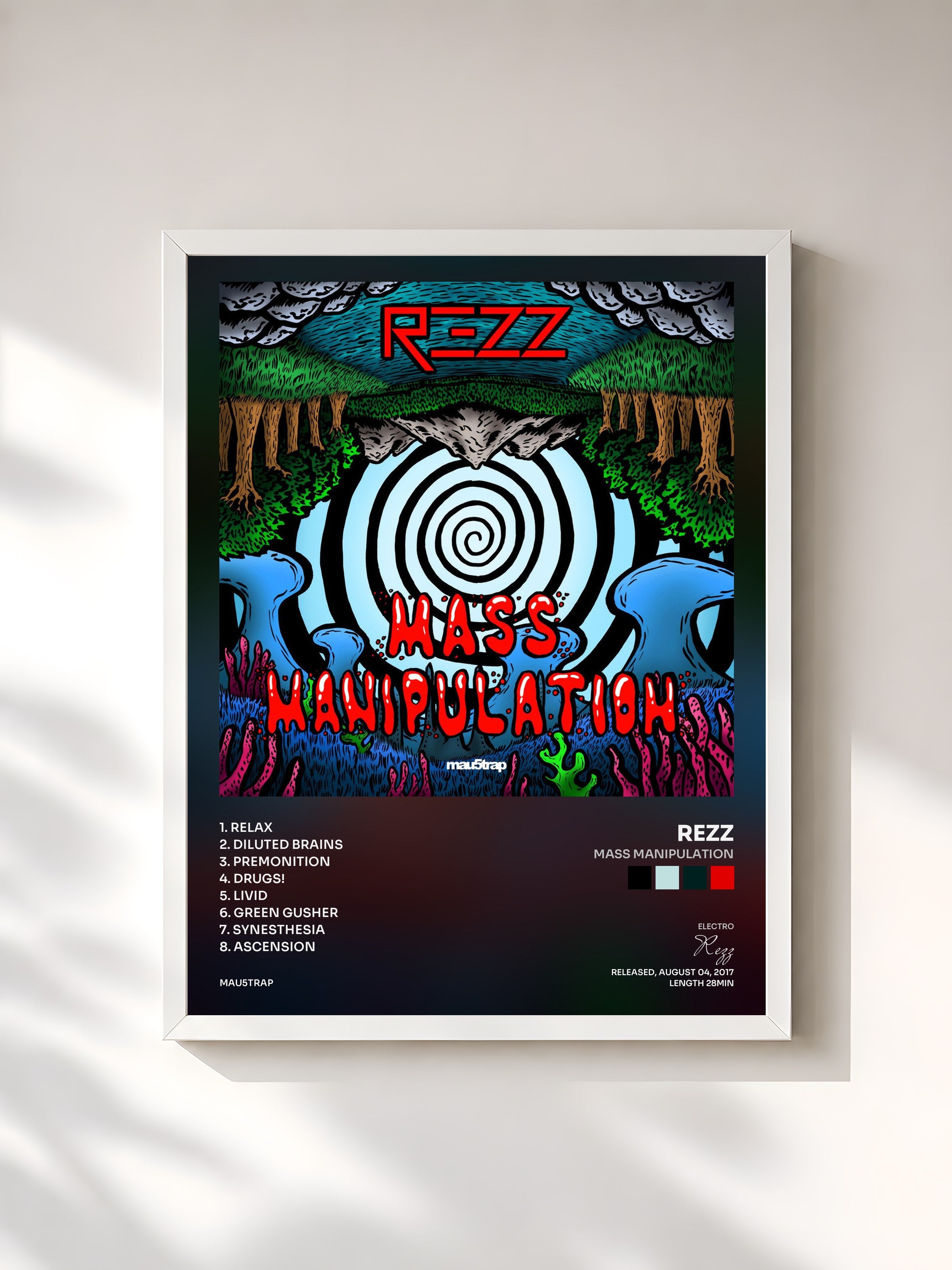 #blanc Tableau de l'album Mass Manipulation de Rezz, cadre blanc, imprimé et encadré en France