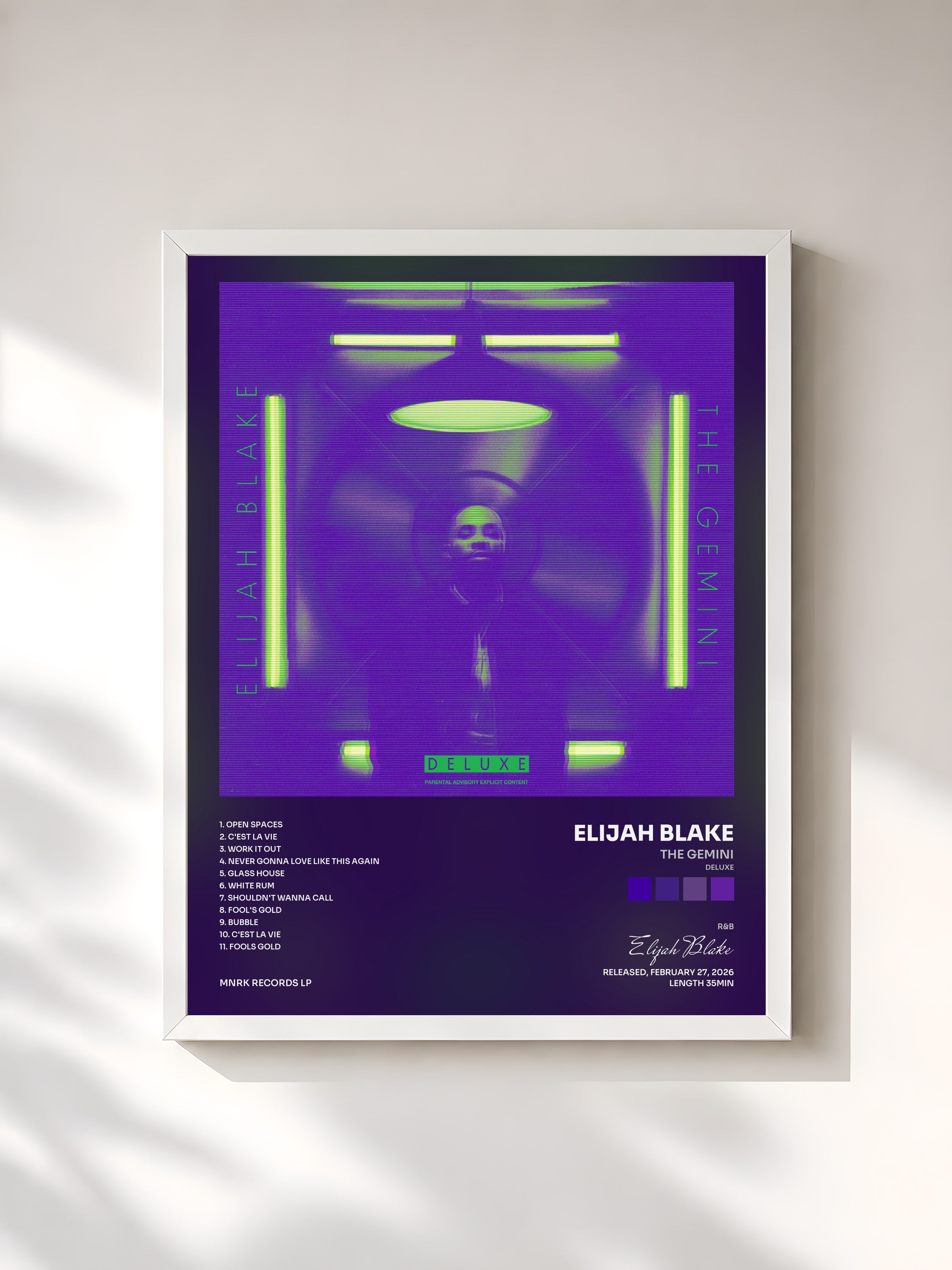 #blanc Tableau de l'album THE GEMINI (Deluxe) de Elijah Blake, cadre blanc, imprimé et encadré en France