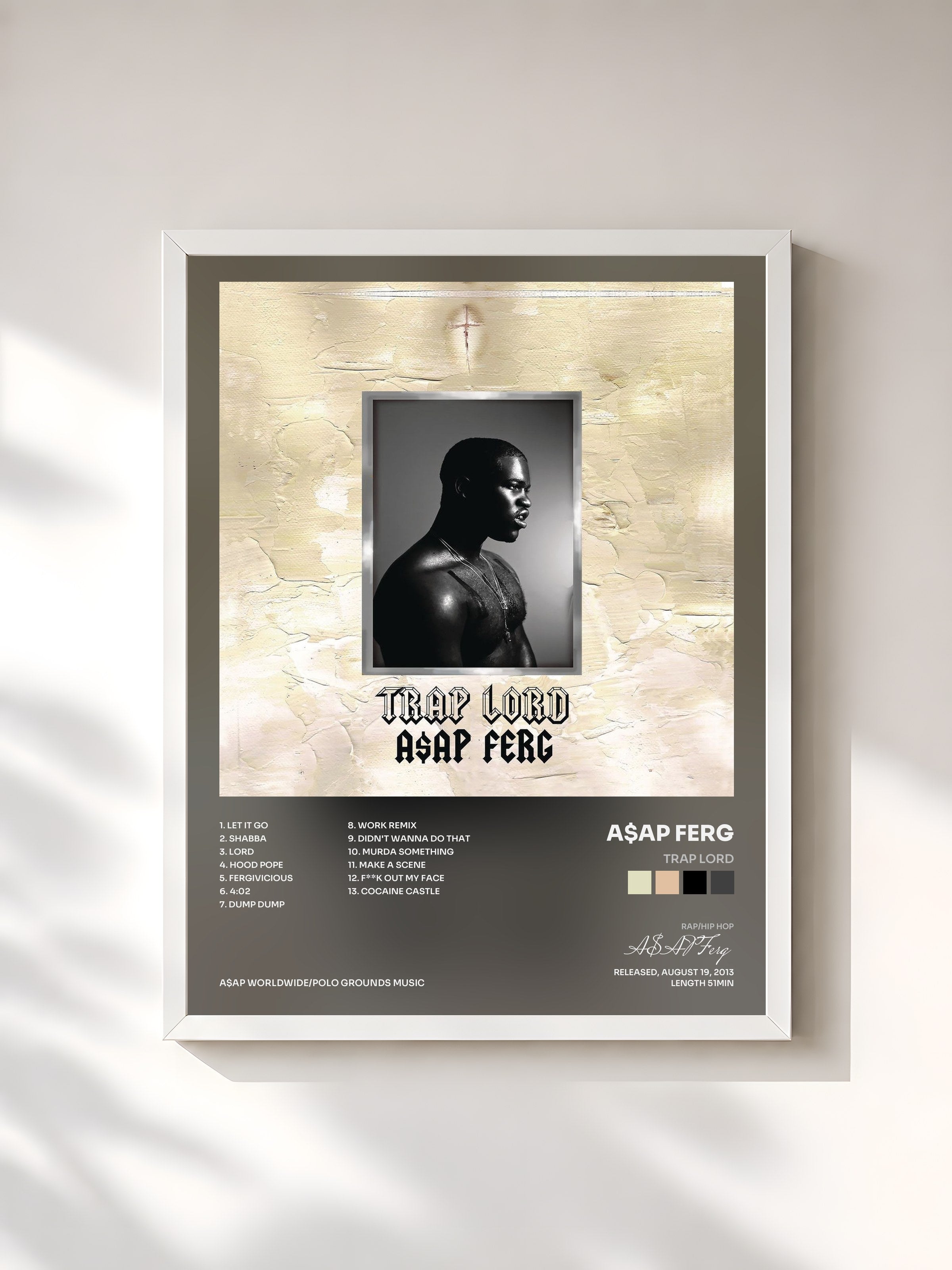 #blanc Tableau de l'album Trap Lord de A$AP Ferg, cadre blanc, imprimé et encadré en France