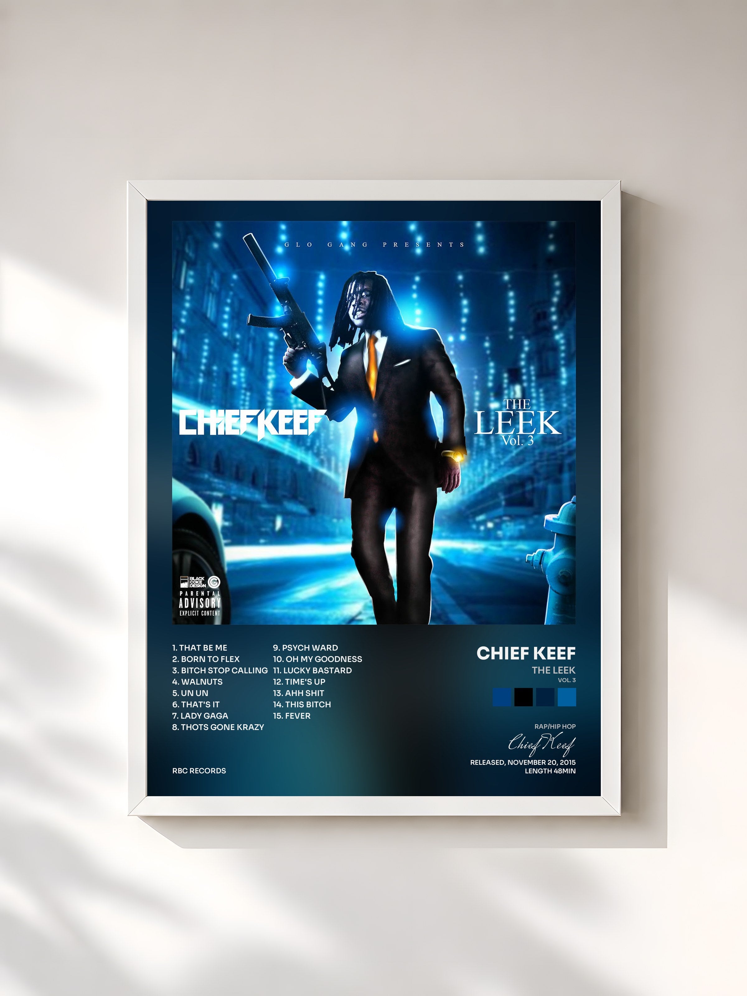 #blanc Tableau de l'album The Leek (Vol. 3) de Chief Keef, cadre blanc, imprimé et encadré en France