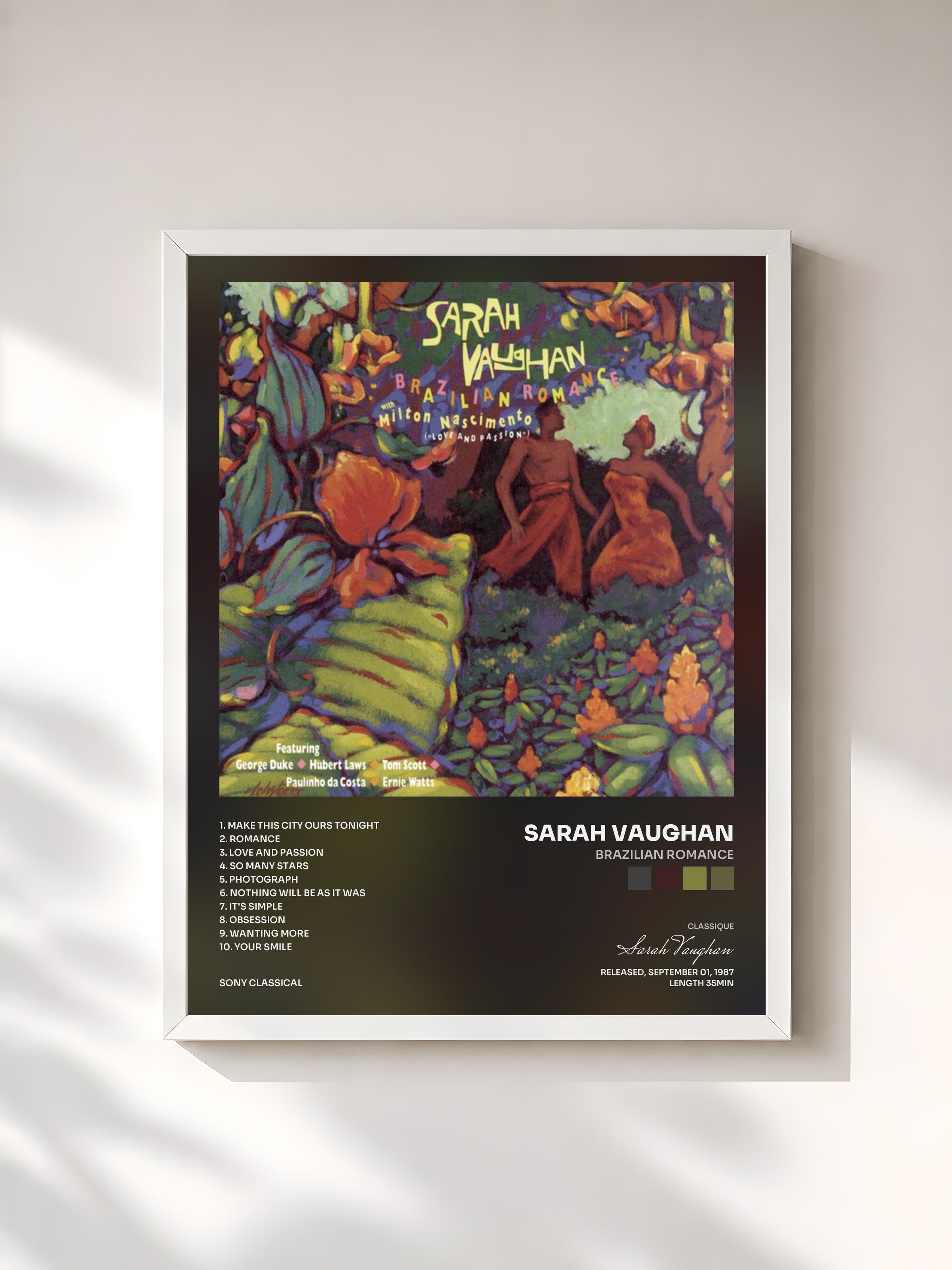 #blanc Tableau de l'album Brazilian Romance de Sarah Vaughan, cadre blanc, imprimé et encadré en France