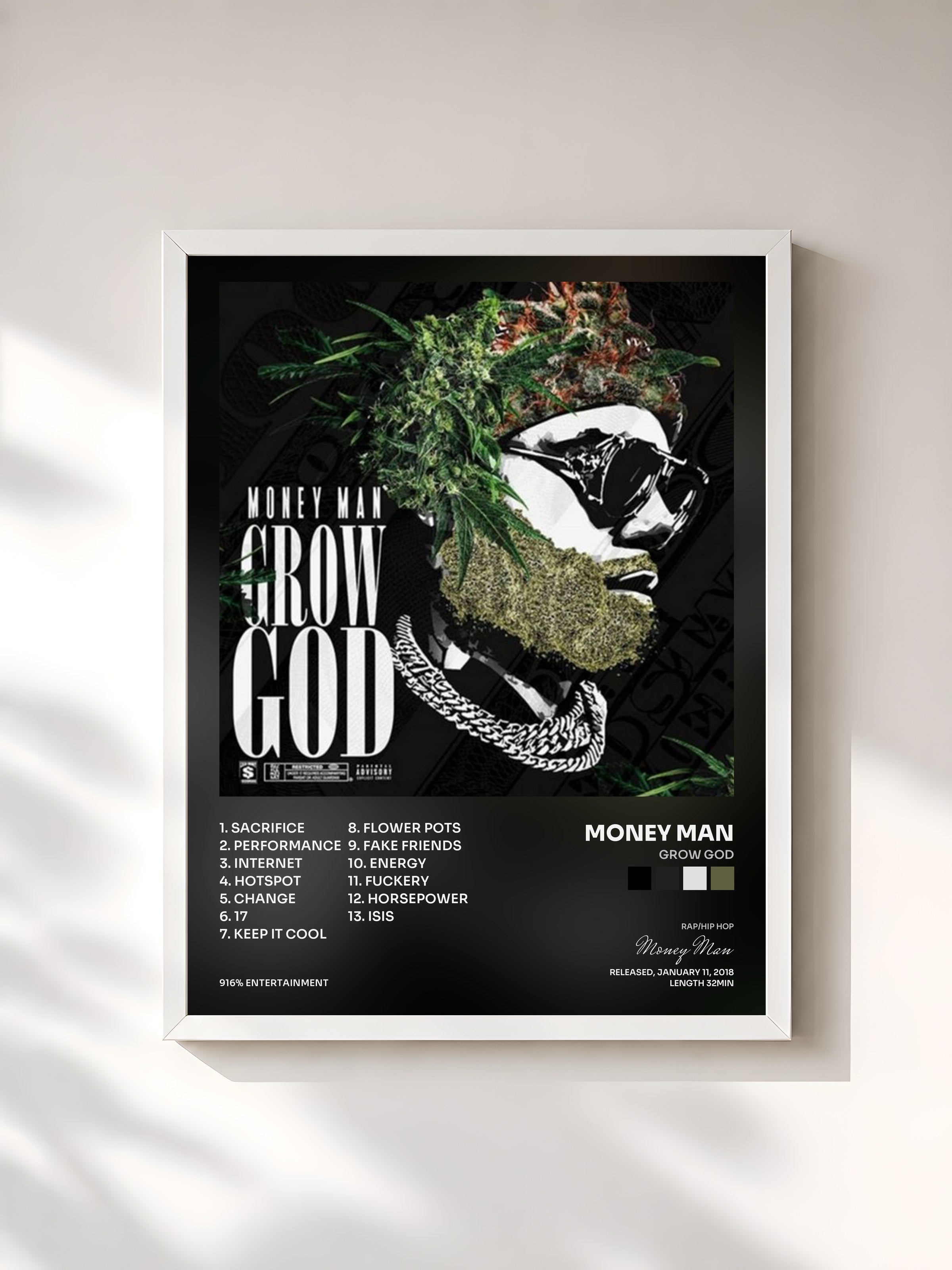 #blanc Tableau de l'album Grow God de Money Man, cadre blanc, imprimé et encadré en France