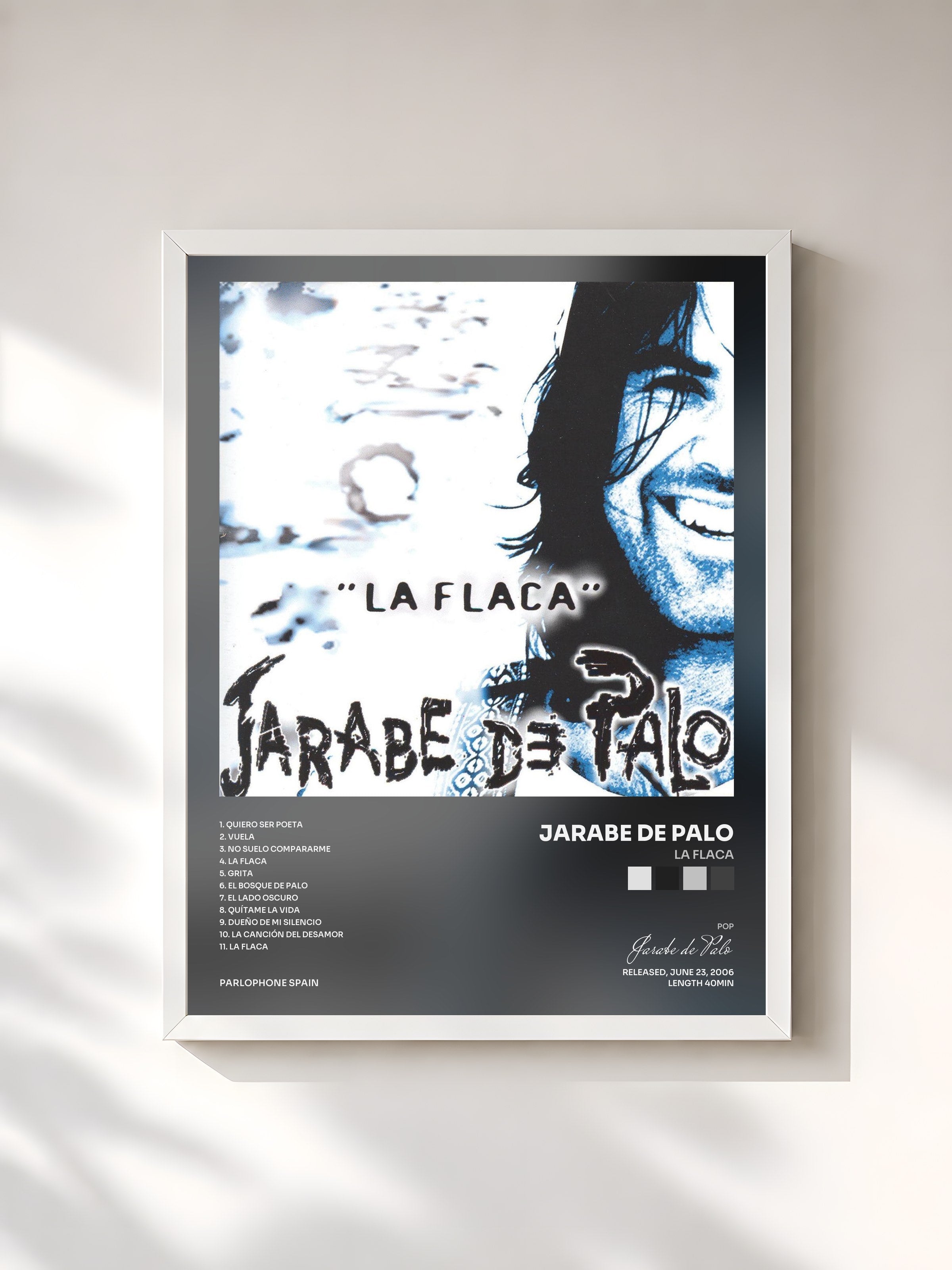 #blanc Tableau de l'album La Flaca de Jarabe de Palo, cadre blanc, imprimé et encadré en France