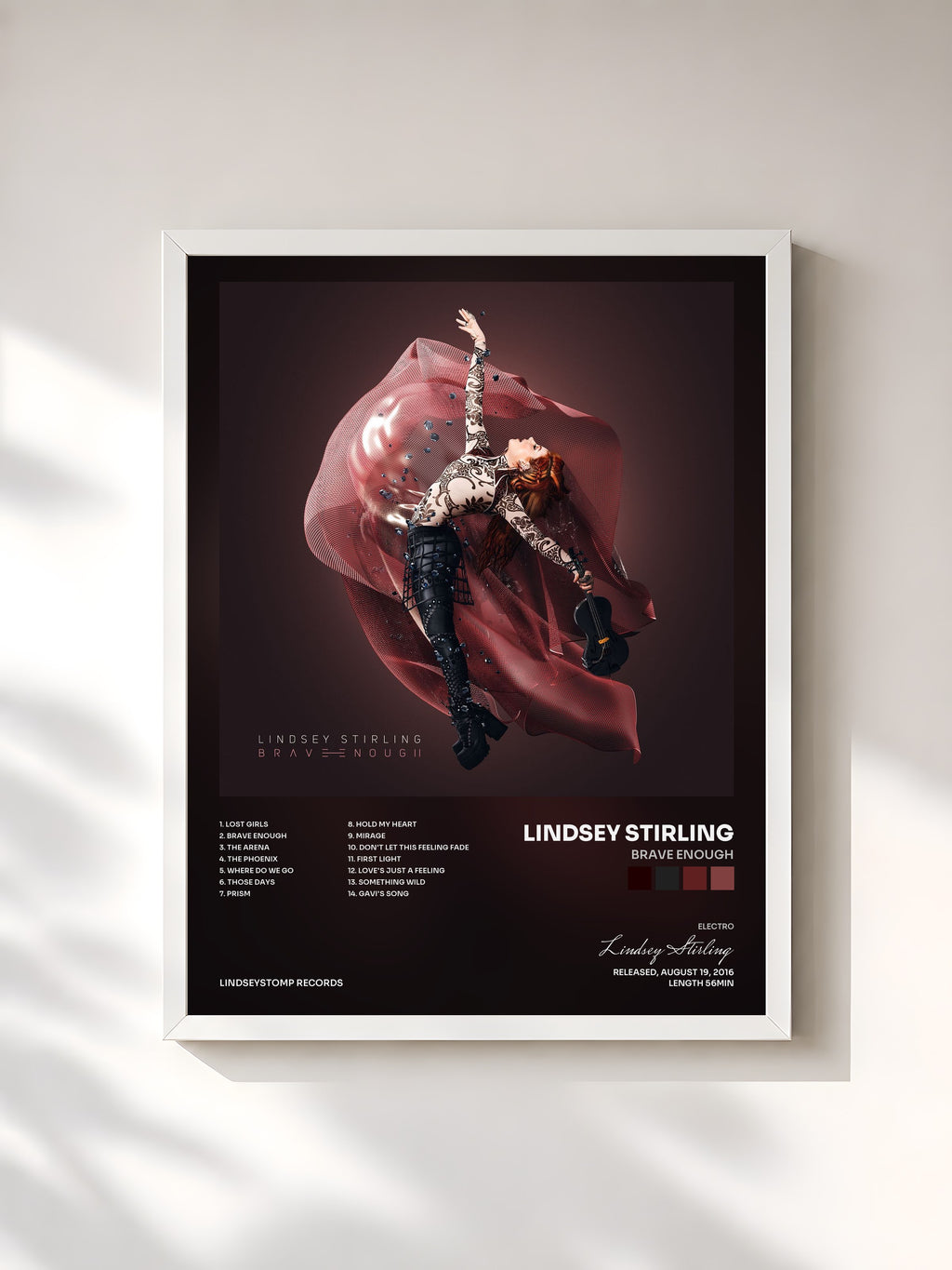 #blanc Tableau de l'album Brave Enough de Lindsey Stirling, cadre blanc, imprimé et encadré en France