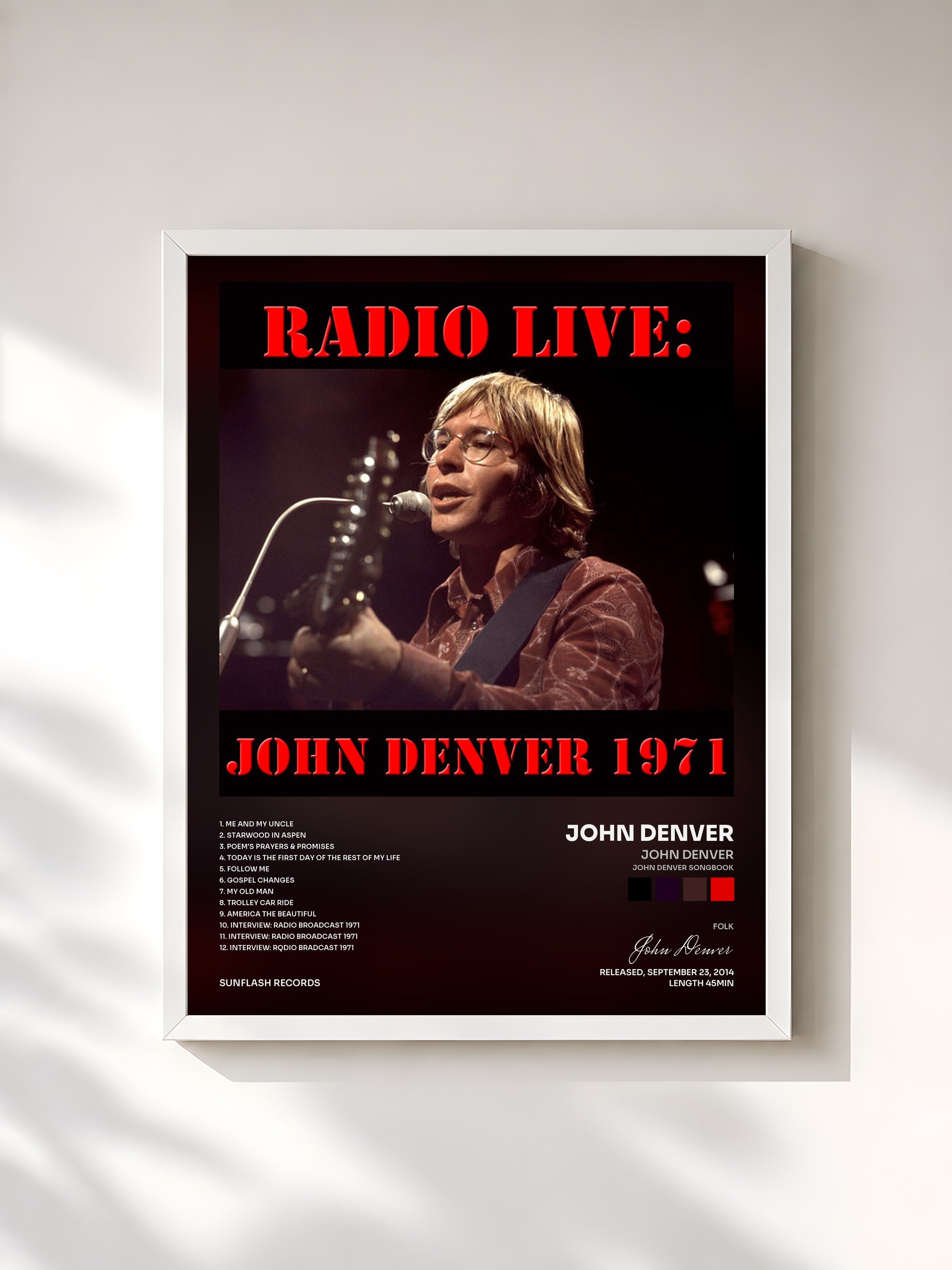#blanc Tableau de l'album John Denver (John Denver Songbook) de John Denver, cadre blanc, imprimé et encadré en France