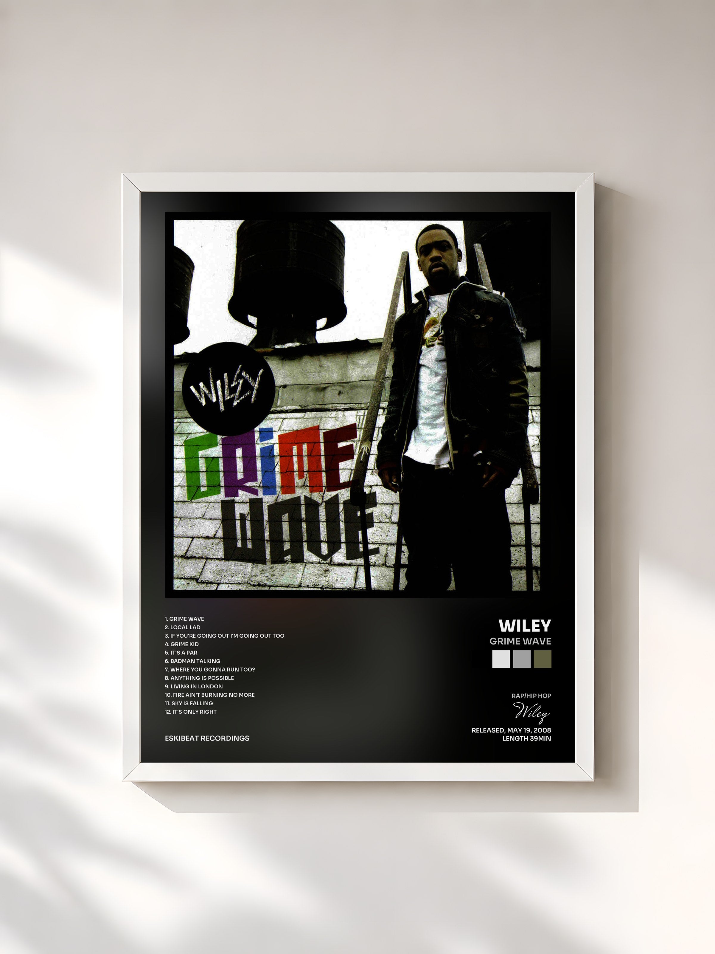 #blanc Tableau de l'album Grime Wave de Wiley, cadre blanc, imprimé et encadré en France