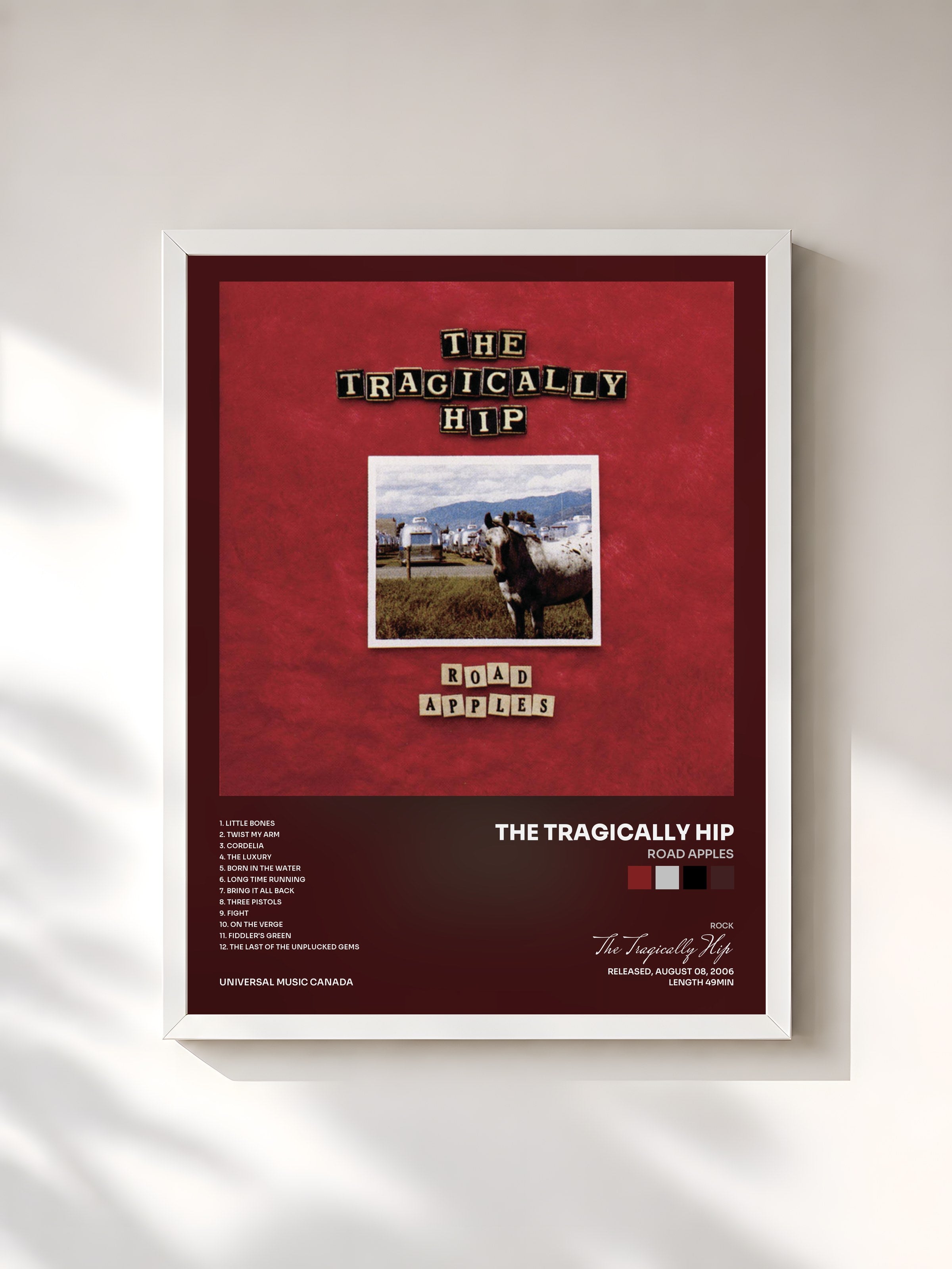 #blanc Tableau de l'album Road Apples de The Tragically Hip, cadre blanc, imprimé et encadré en France